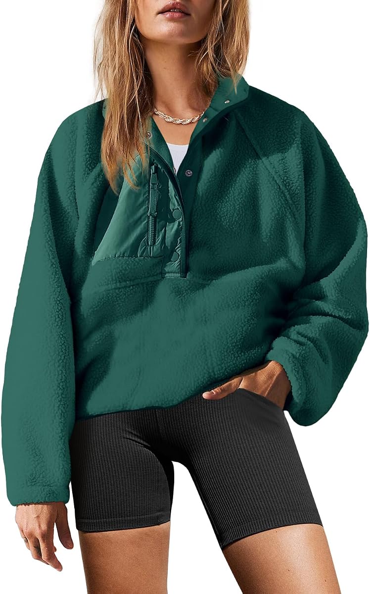 Sudadera de felpa Sherpa con bolsillos para mujer | Sudadera de felpa suave y suave de gran tamaño, sudaderas de otoño, abrigo cálido de invierno, atuendo de viaje informal