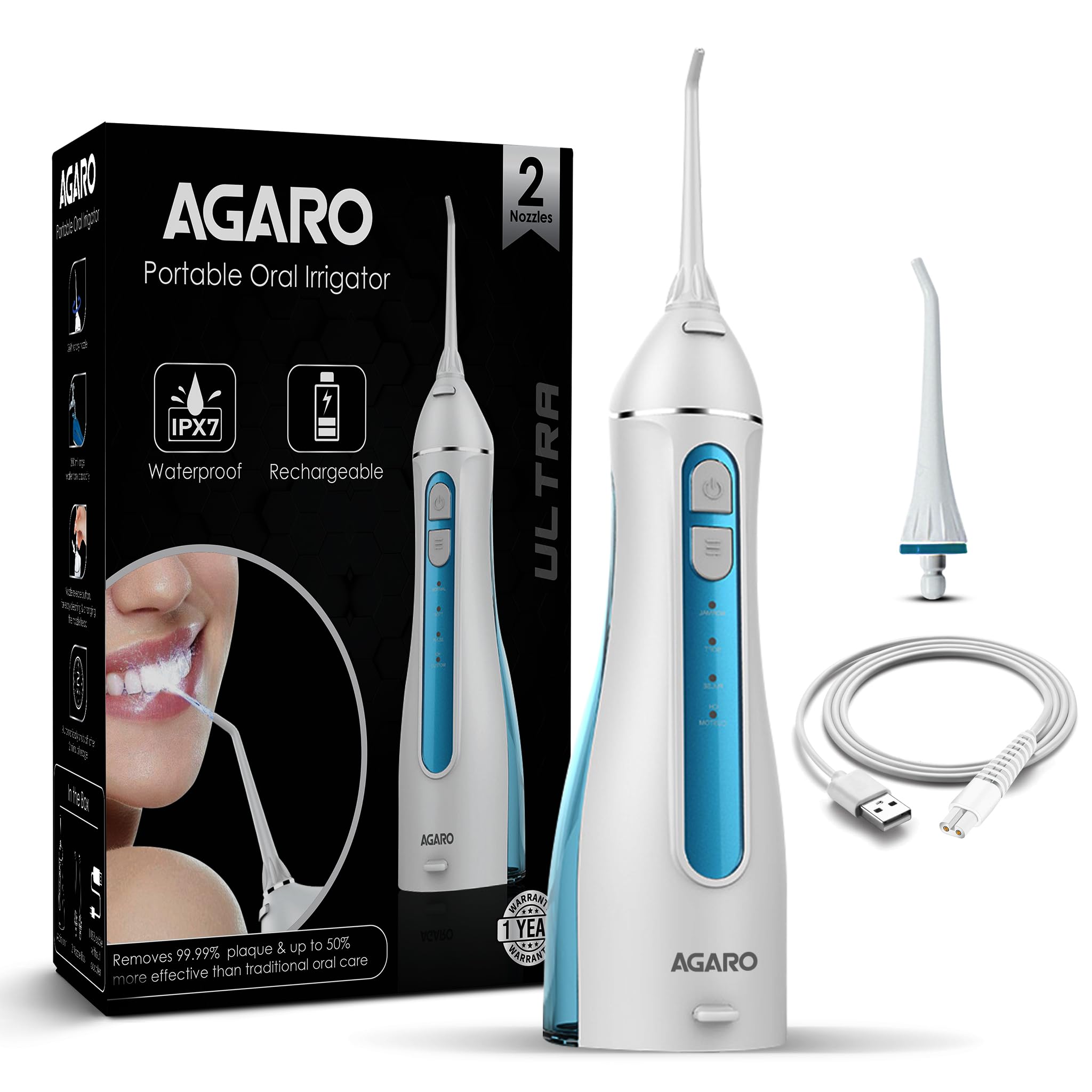 AGAROUltra Dental Flosser for Teeth, Portable, Cordless & Rechargeable, 4 Cleaning Modes, IPX7 Waterproof with 200ml Detachable Water Tank, Flossing at Home & Travel, Oral Flosser, Oral Irrigator