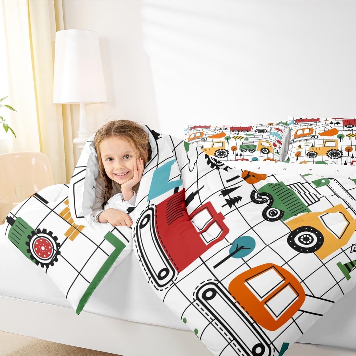 Feelyou Construction Bedding Set Twin Size Equipment Trucks Comforter Set Construction Vehicles Comforter Excavator Tractor Plaid Yellow Red Duvet Set Bedroom Quilt Set with 1 Pillow Case