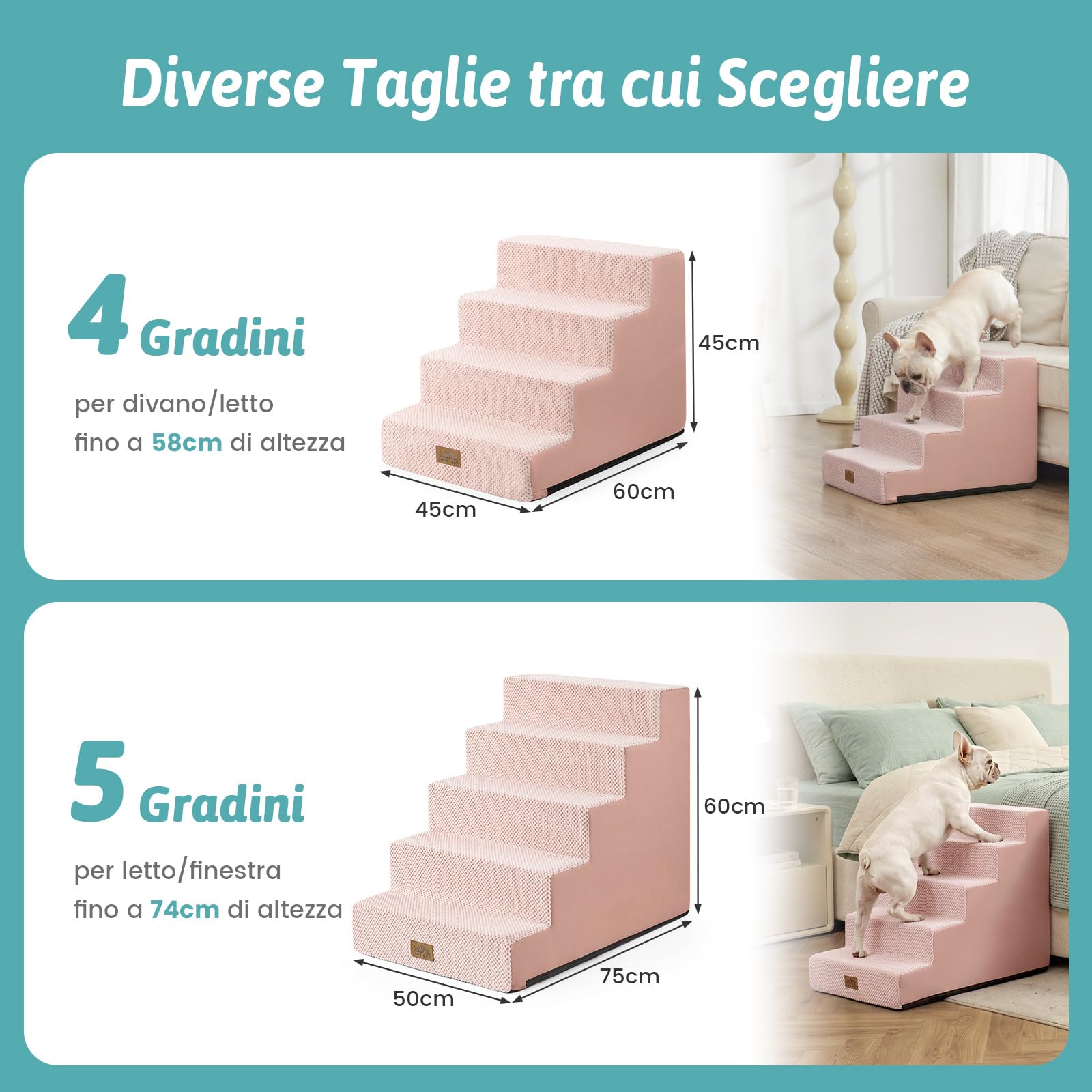 COZY KISS Scaletta larga per cani di piccola taglia, altezza 45 cm, per letto, divano, auto, antiscivolo, per cani anziani, cuccioli, cani di piccola taglia e media, 60 x 45 x 45 cm, 4 ripiani, rosa