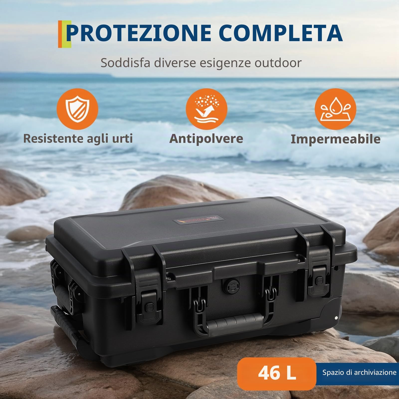 Valigia Fotografica Impermeabile Antiurto con Ruote – Divisori Imbottiti, Custodia Protettiva – Comparto Accessori, Borsa Documenti, Inserto Fotocamera – 22"x14"x9" – Per Fotocamera Subacquea