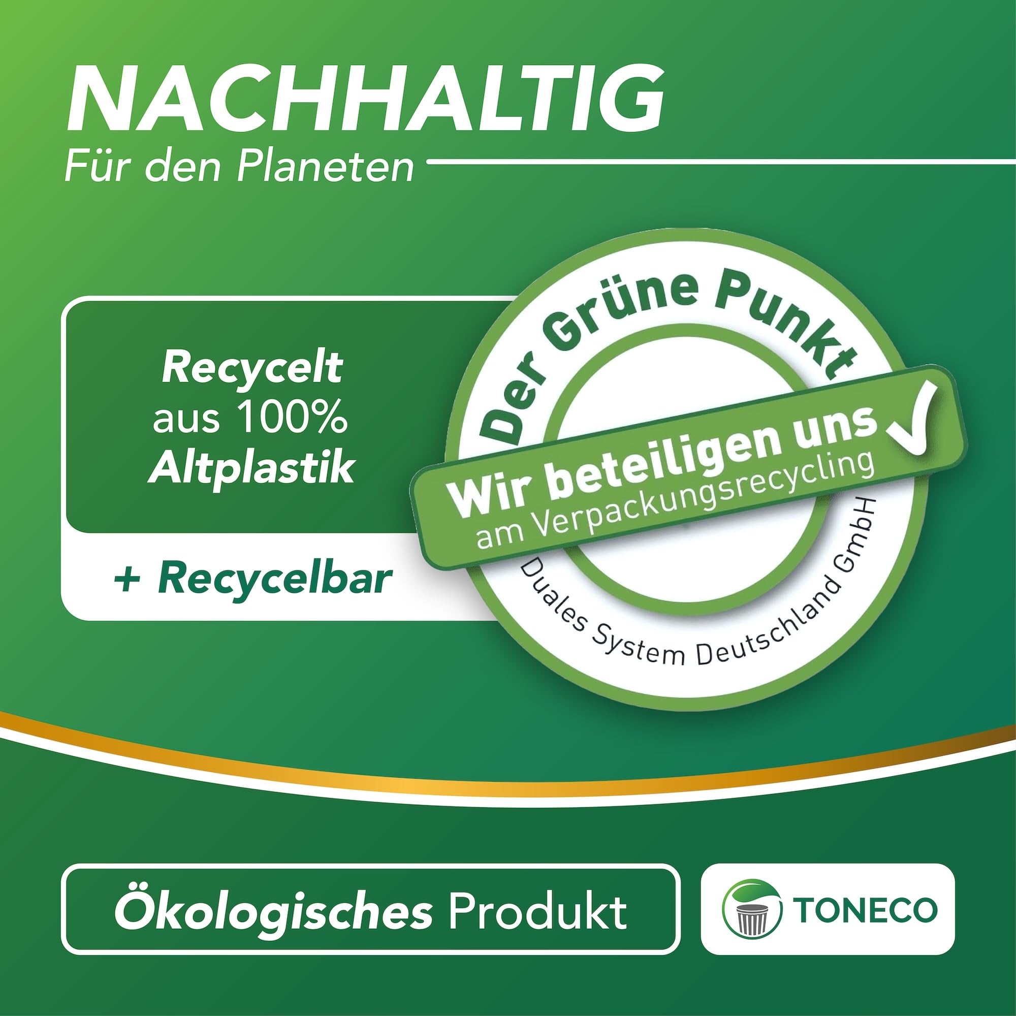 Toneco Müllbeutel 60L - MIT ZUGBAND - EXTRA BREIT & EXTRA STARK - 50 Beutel - reißfest & dicht - stabile Müllsäcke 60L - Fixierband Mülltüten -100% recycelt - für den Hausmüll - 2 Rollen à25 (50)