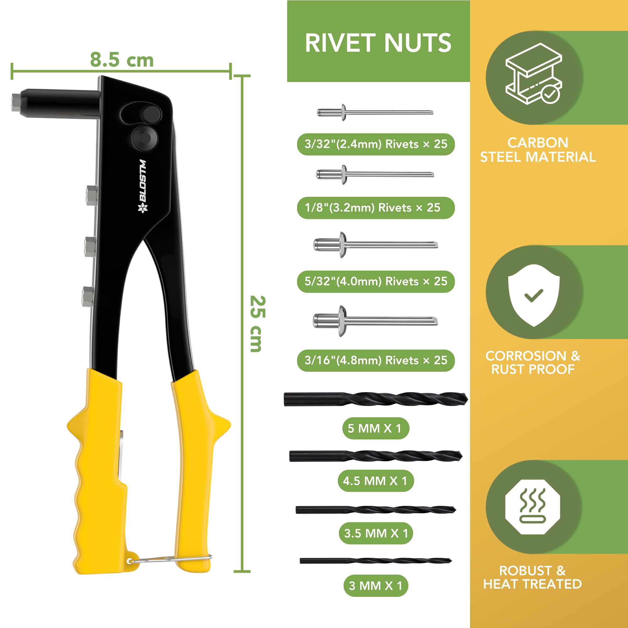 BLOSTM Kit Rivettatrice a Pop 100 Rivetti 4 Misure 2,4-4,8 mm Pistola Rivetti Manuale per Metallo