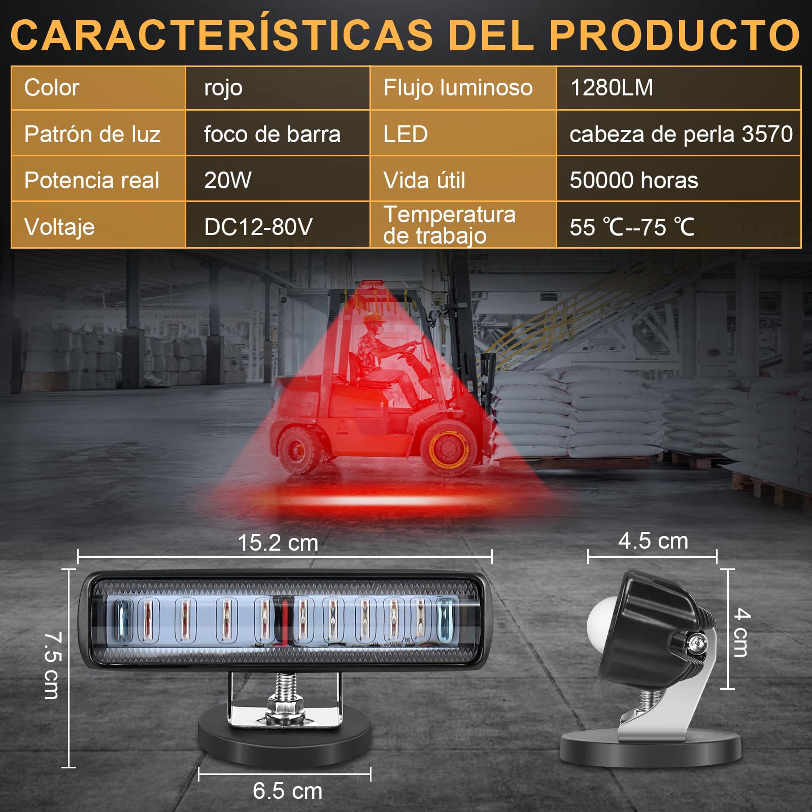 Dinfu 2 x 20W LED Estroboscopica Carretilla Elevadora con base magnética, luces de advertencia laterales 12 V-80V para camión tractor, carretilla elevadora, emergencia, coche