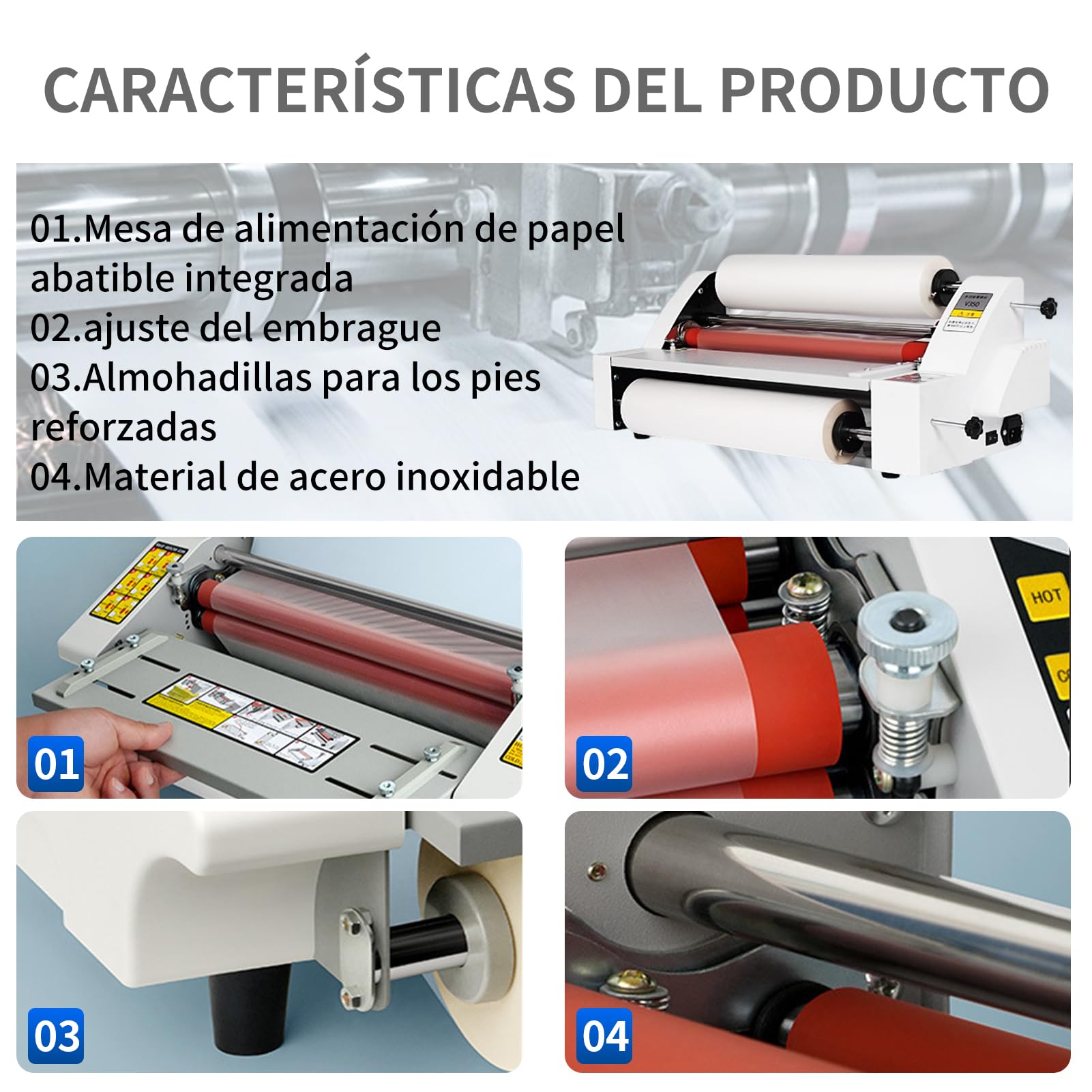 Plastificadora profesional A3 350mm Caliente y Frío, Regulación de Tensión y Presión, velocidad ajustable de 0,5 a 3 m/min, Anti-ondulación, Doble y Simple Cara, para Escuela, Oficina y Comercial