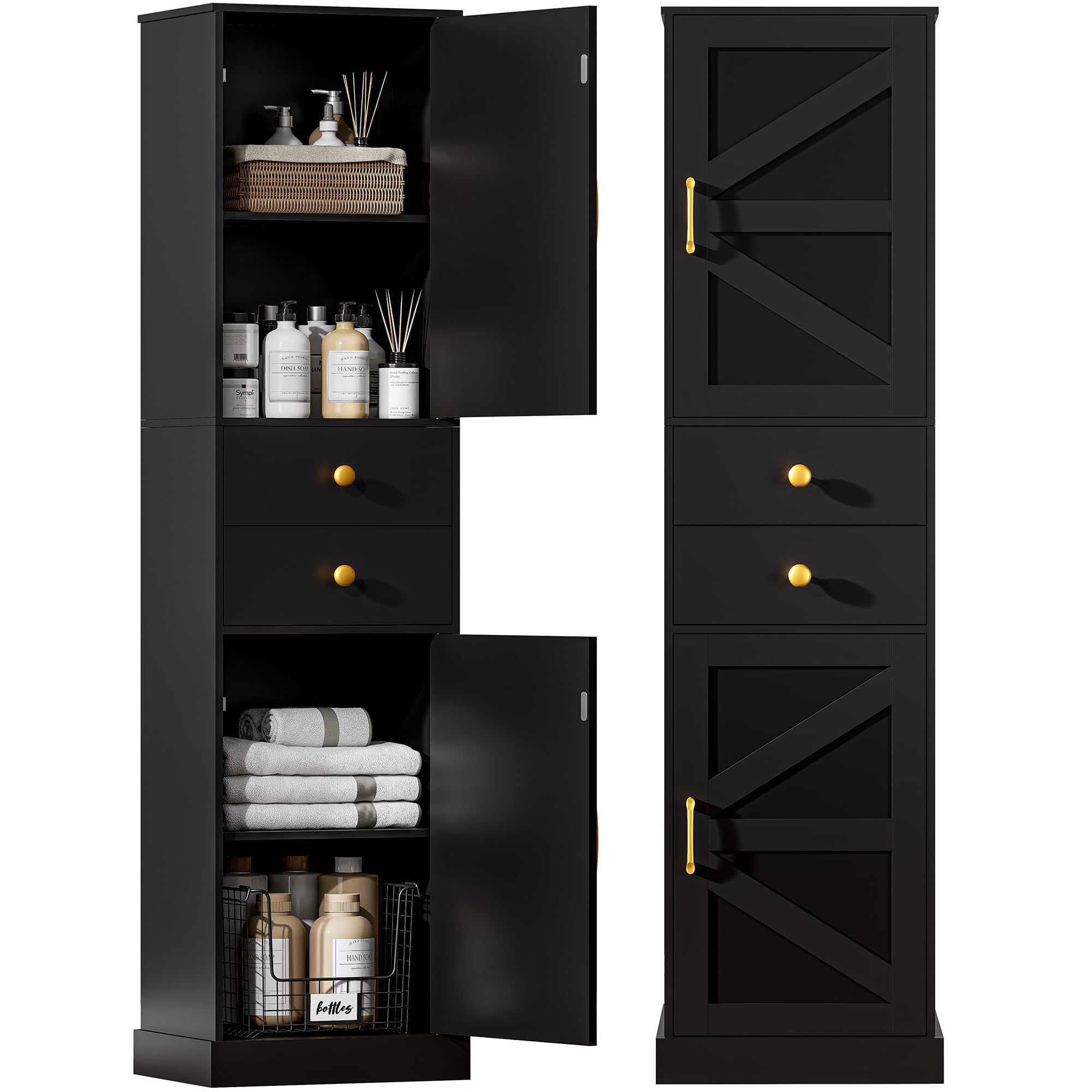 DDONGMM Tall Bathroom Storage Cabinet with 2 Drawers, Farmhouse Narrow Storage Unit with 2 Doors and Adjustable Shelves, 67" Tall Cabinet for Bathroom
