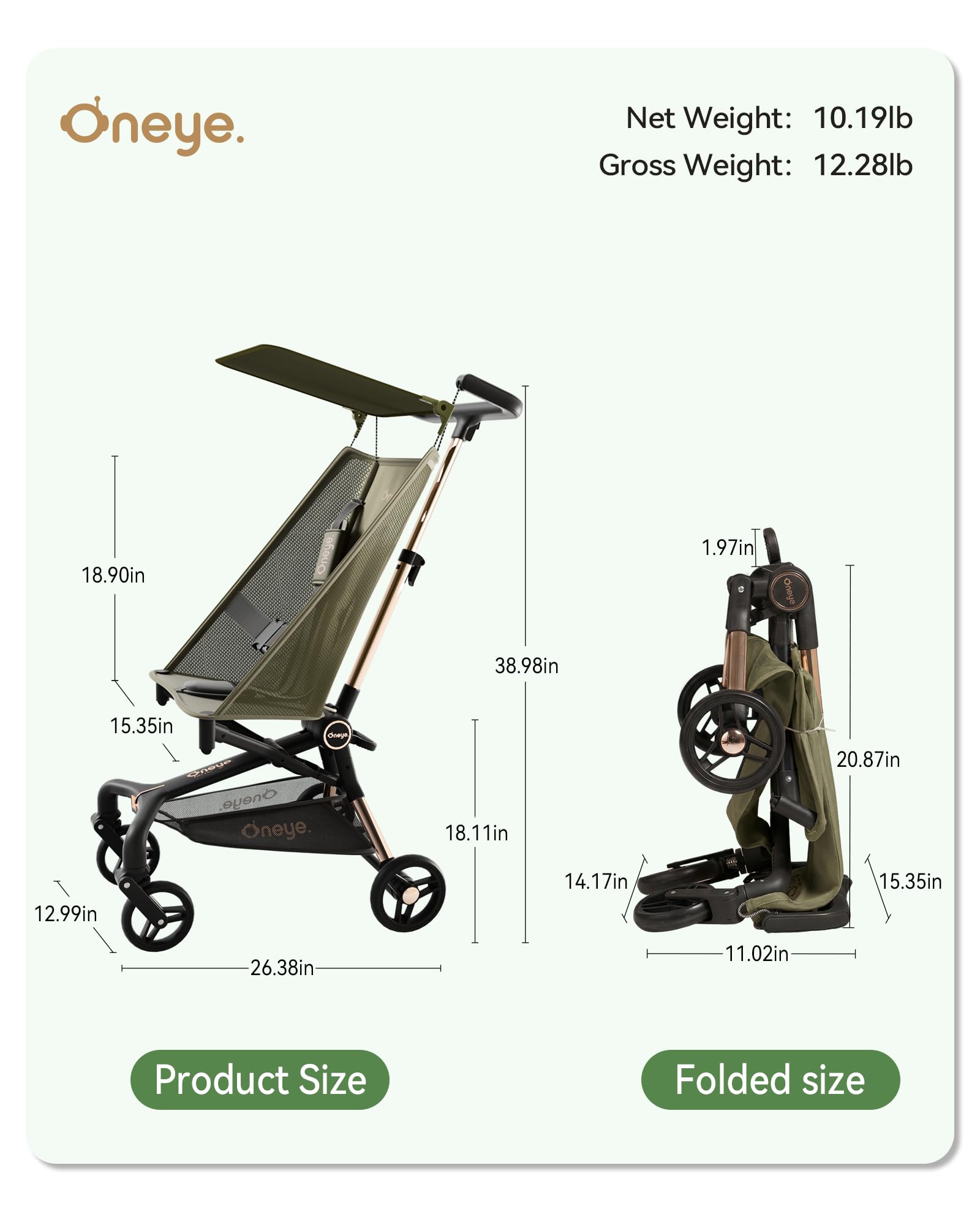 Oneye Travel Stroller for Airplane, Ultra Lightweight Baby Stroller for Toddlers with Canopy, Foldable & Compact Strollers with Jumbo Seat & Large Storage Basket,10.19lb,Stable & One-Hand Fold, Green - 3