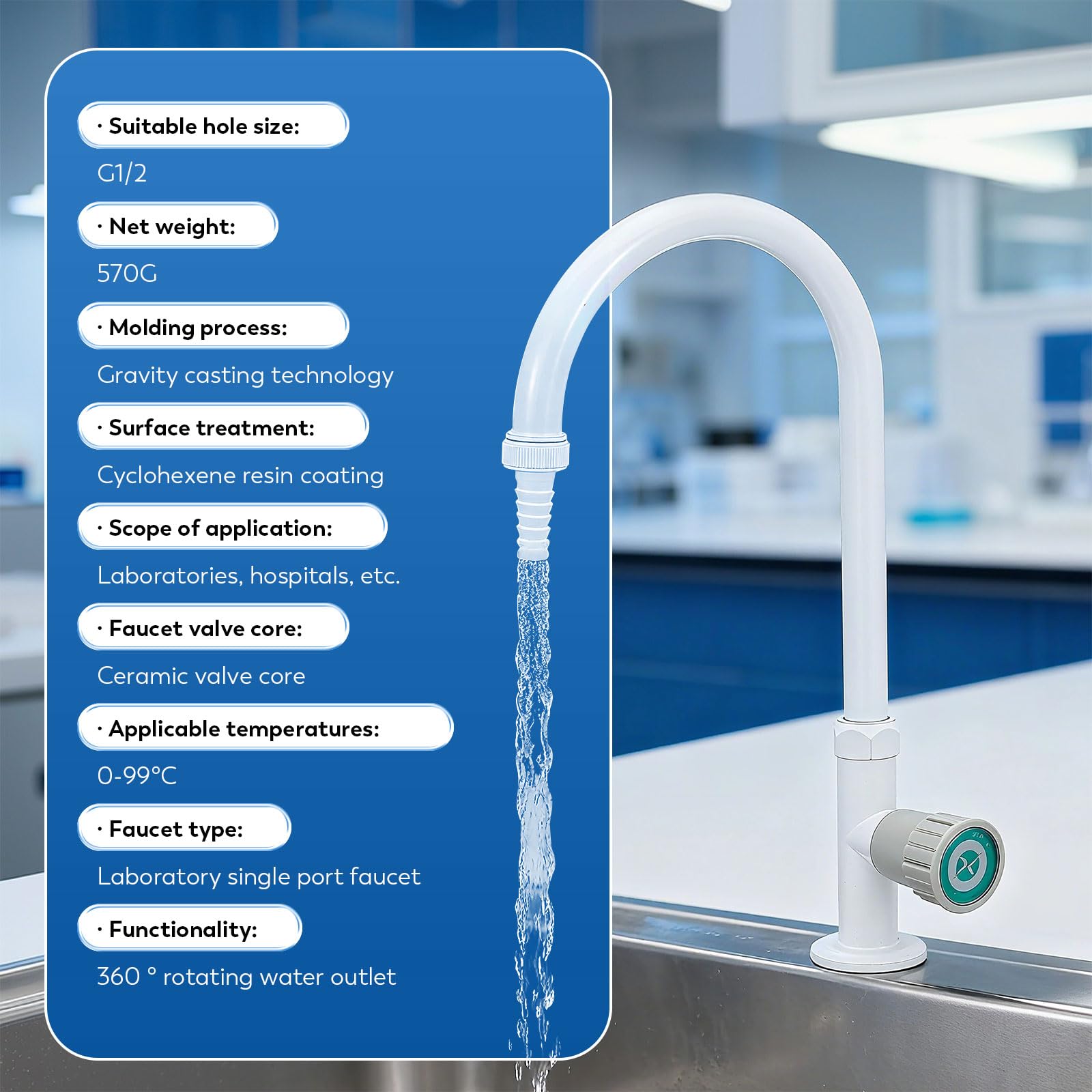 CGOLDENWALL Robinet Laboratoire, Cuivre Revêtu Époxy, Col de Cygne 360° | 20 Bar, G1/2, 0-99°C, Vanne Céramique, pour Industrie, École et Laboratoire