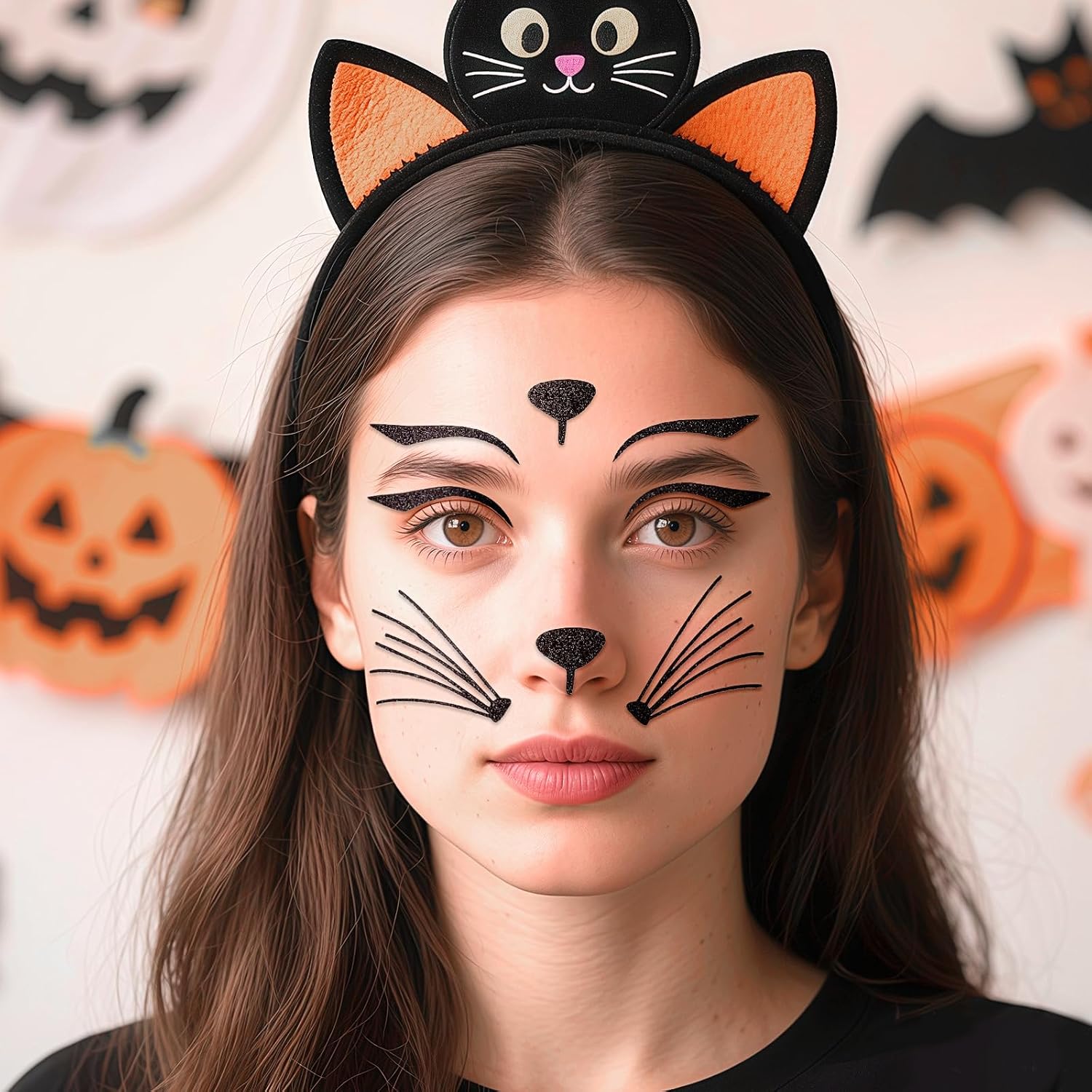 Doneace Halloween Cat Face Jewels Glitter Cat Face Tattoo Stickers Cat Costume Accessories Face Gems Jewels All in One Halloween Headpiece Stick On