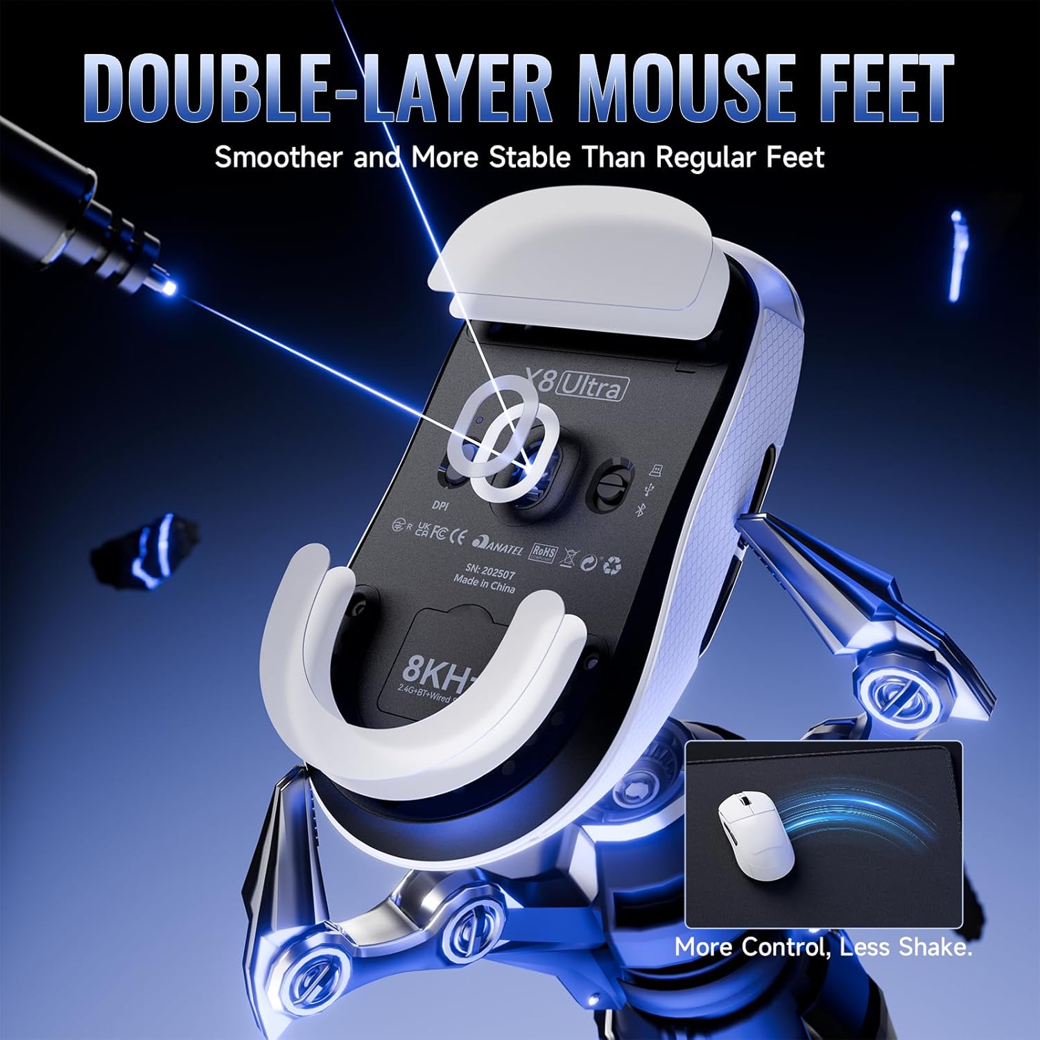 MAMBASNAKE x Attack SHRAK X8ULTRA Wireless Gaming Mouse with 42000 DPI,3950MAX Sensor,55g Lightweight Big Hand Ergonomic Mouse,8K Hz Polling Rate,Nordic52840,Tri-Mode 2.4Ghz/Type-C/BT(White&Tape)
