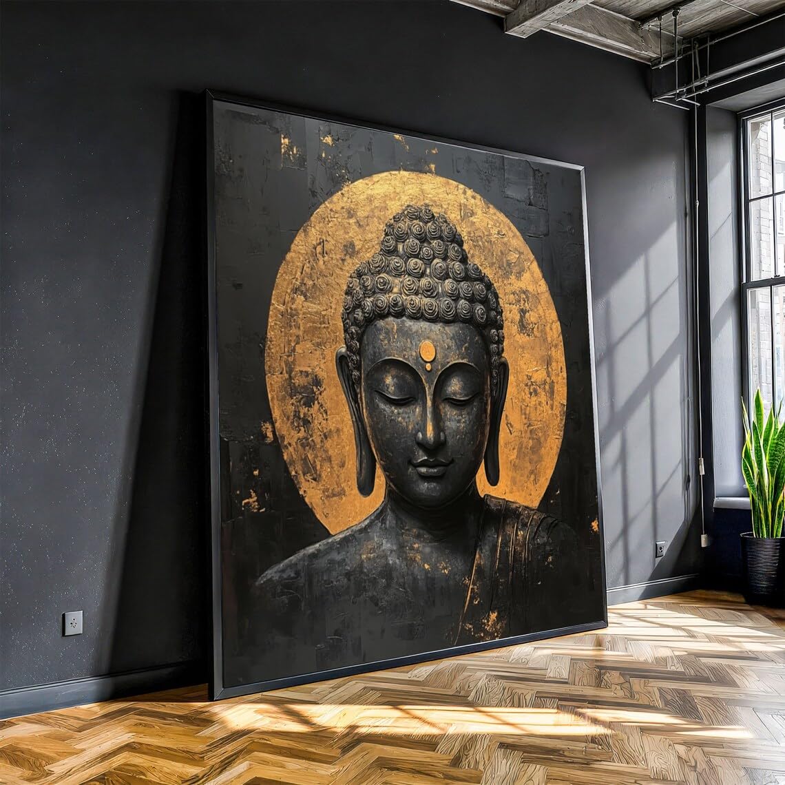 XINBAO Tranquil Buddha Portrait Canvas, Gold Halo Canvas Wall Art, Meditation Decor, Spiritual Canvas Painting, Zen Home Decor(30x30cm/Frameless)