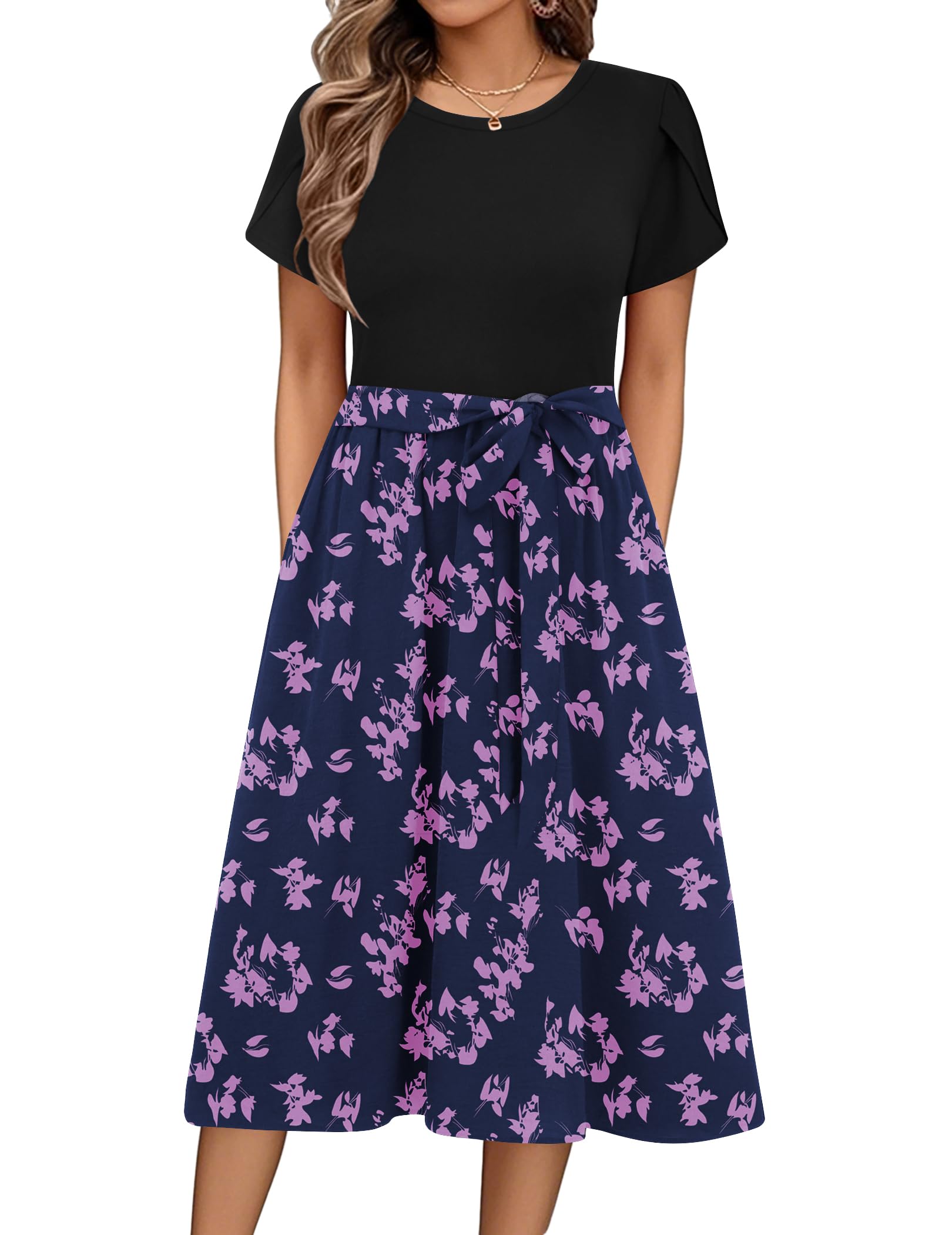 ZEAGOO Sommerkleid Damen Elegant Kleider Kurzarm Rundhals Midikleid A-Linie Blumenkleid Casual Tunika Kleid Hohe Taille Strandkleid mit Taschen S-XXL