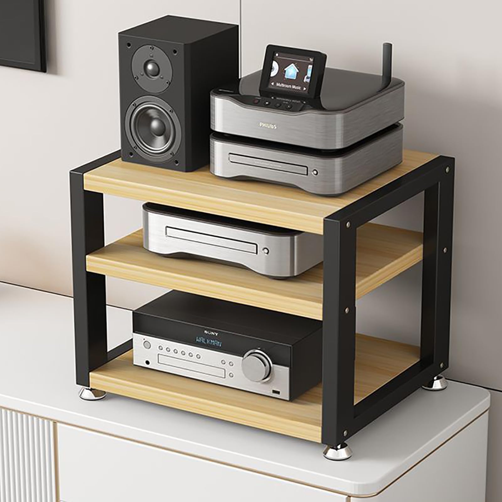 Supporto multimediale AV, mobile da scrivania per video e audio, con ripiano in legno, armadio stereo aperto, armadio componente, mobiletto per componenti ad angolo, mobiletto portatile per scrivania