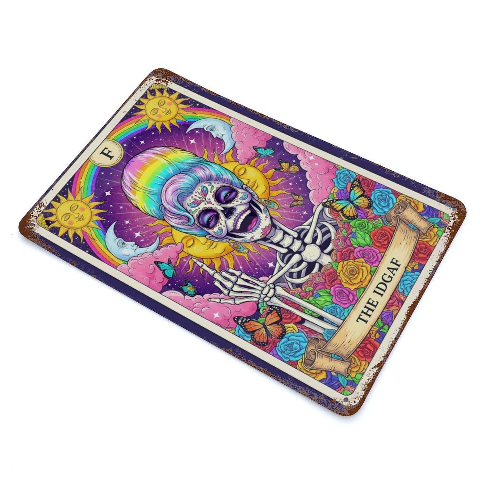 The IDGAF Tarot Card Illustration 11.8"x7.9" Vintage Metal Tin Sign, Novelty Wall Decor for Basement, Hobby Room And Garage Decor