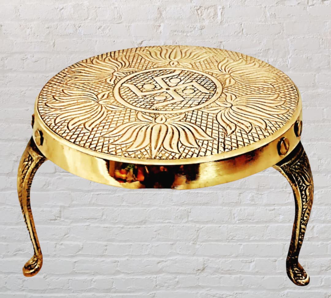 Madhura eStores Brass Decorative Round Pooja Kamatshi Diya Stand | Brass Chowki, Brass Mukkali | GOD Diya Decor Sitting Stand (Dia 18 * Ht 12.5 cm) Wt 750 GMS-image-34