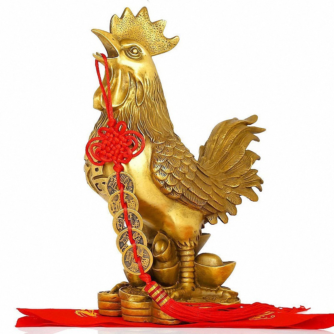 NEFSO Feng Shui Figur Feng Shui Hahn Statue Dekoration + 5er Set Glücksbringer Antike Münzen an roter Schnur Charme des Wohlstands Heimdekoration Geschenk Feng Shui Dekor Glücksfigur