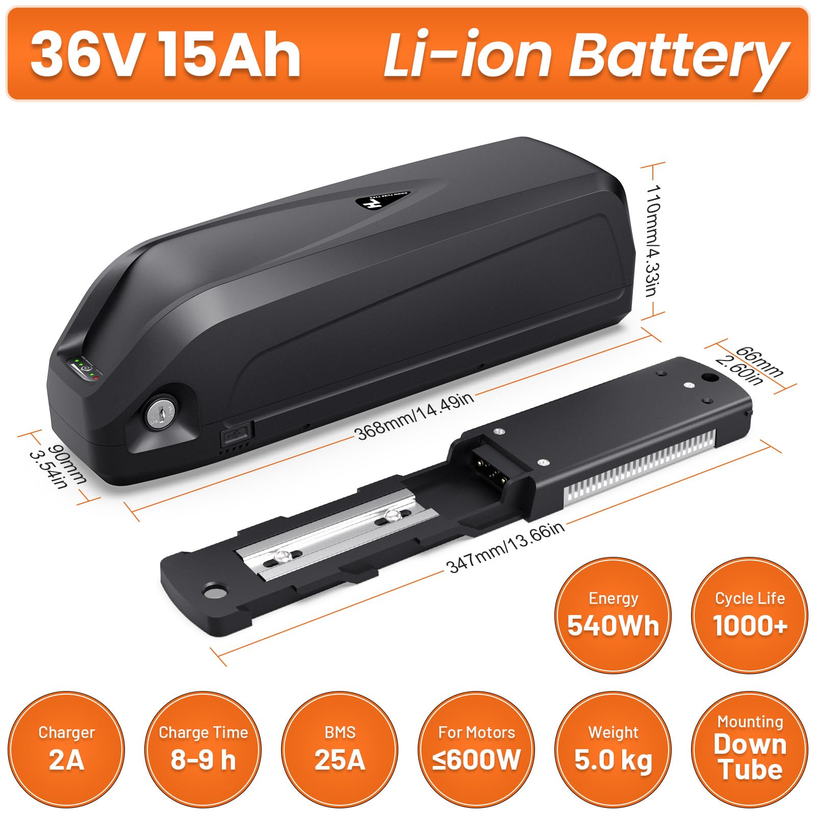 Batteria per bici elettrica 36V 15Ah da montare sul telaio - Hailong Batteria agli ioni di litio per motori 250W 500W