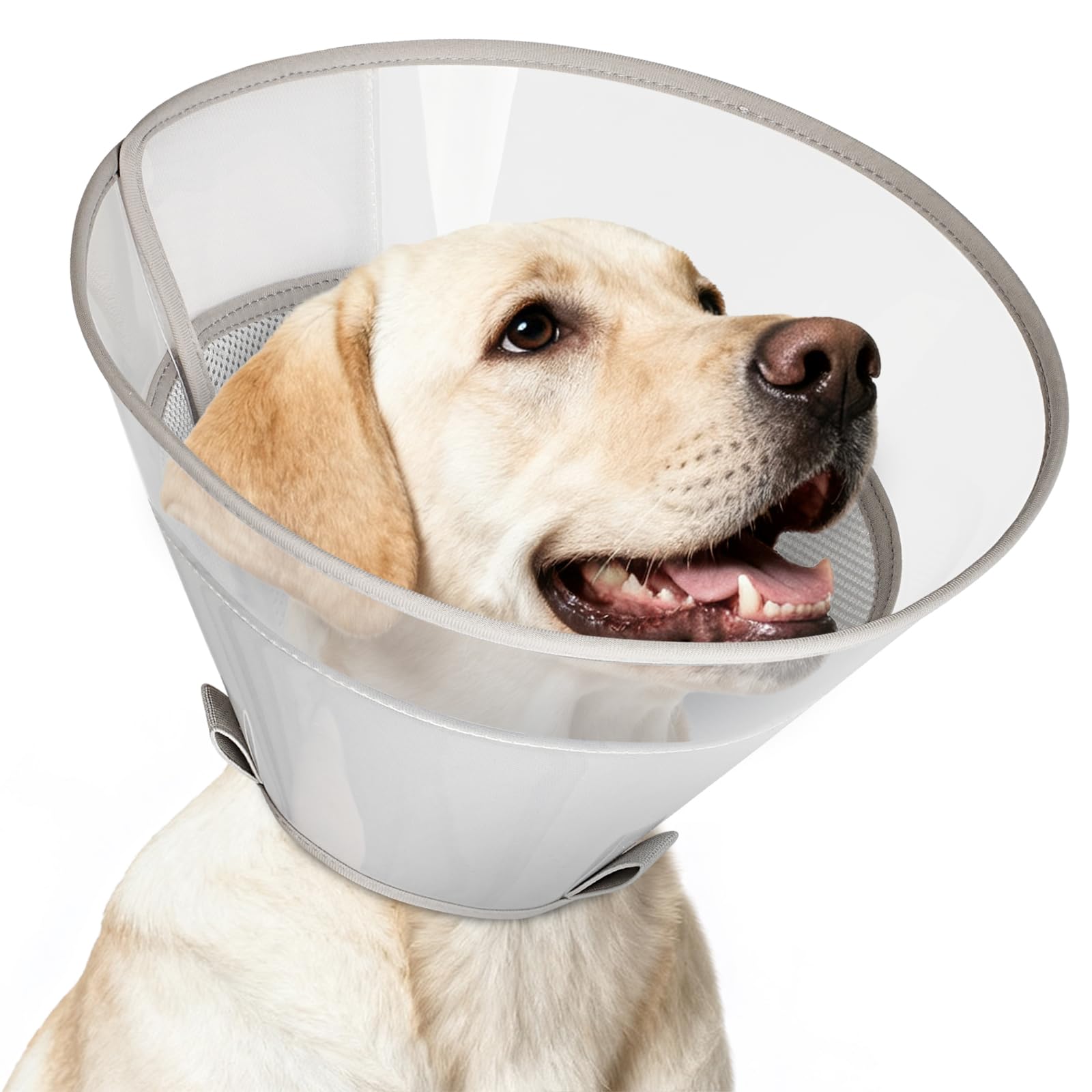 Supet Dog Cone Collar with Soft Pad, Transparent Elizabeth Recovery Collar for Large, Medium, Small Dogs to Stop Licking, Pet Head Cone Alternative after Surgery, Neutering, Injury(Light Grey-S)