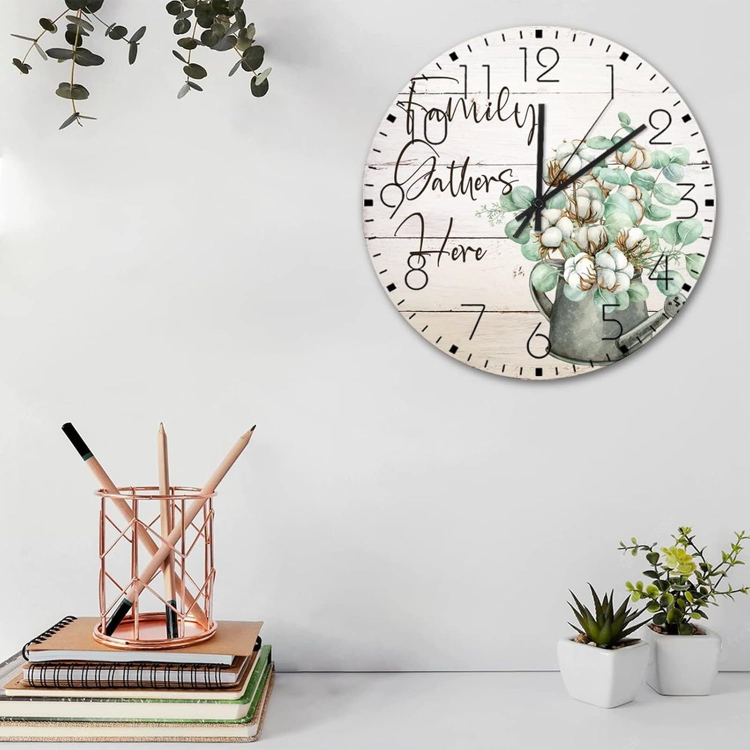 Minimalist Wood Clock Silent Non-Ticking Arabic Battery Operated Family Gathers Here Floral Custom Wall Clocks Country Flower Plant Oil Painting Wooden Wall Decor for Warehouse Lofts Garden 15"