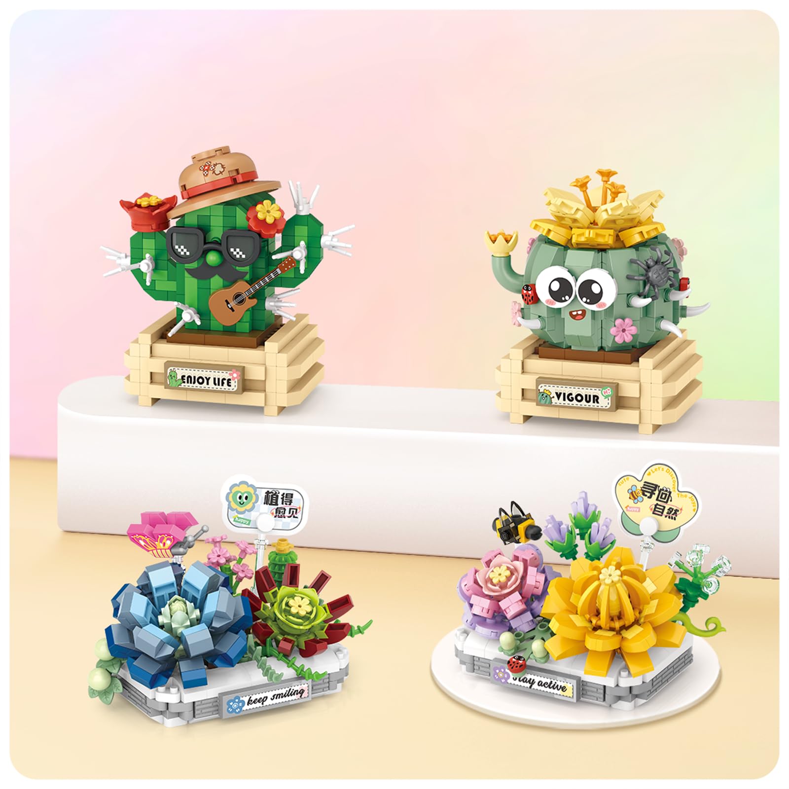 MEIEST Mini Flower Succulent Bonsai Building Blocks,Simulation Pot Plant Particle Flower Botanical Collection Construction Building Bricks Toy,Home Decors (Cactus-1) - Image 3
