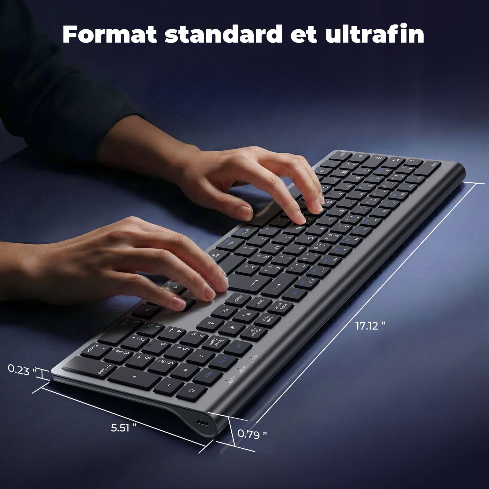 cimetech Clavier sans Fil Silencieux Bluetooth(BT1+BT2+BT3), Clavier Rechargeable, Ultra-Fin, AZERTY Français, avec Pavé Numérique, pour MacOS/iOS/Android/Windows/PC/Ordinateur/Portable-Gris Noir