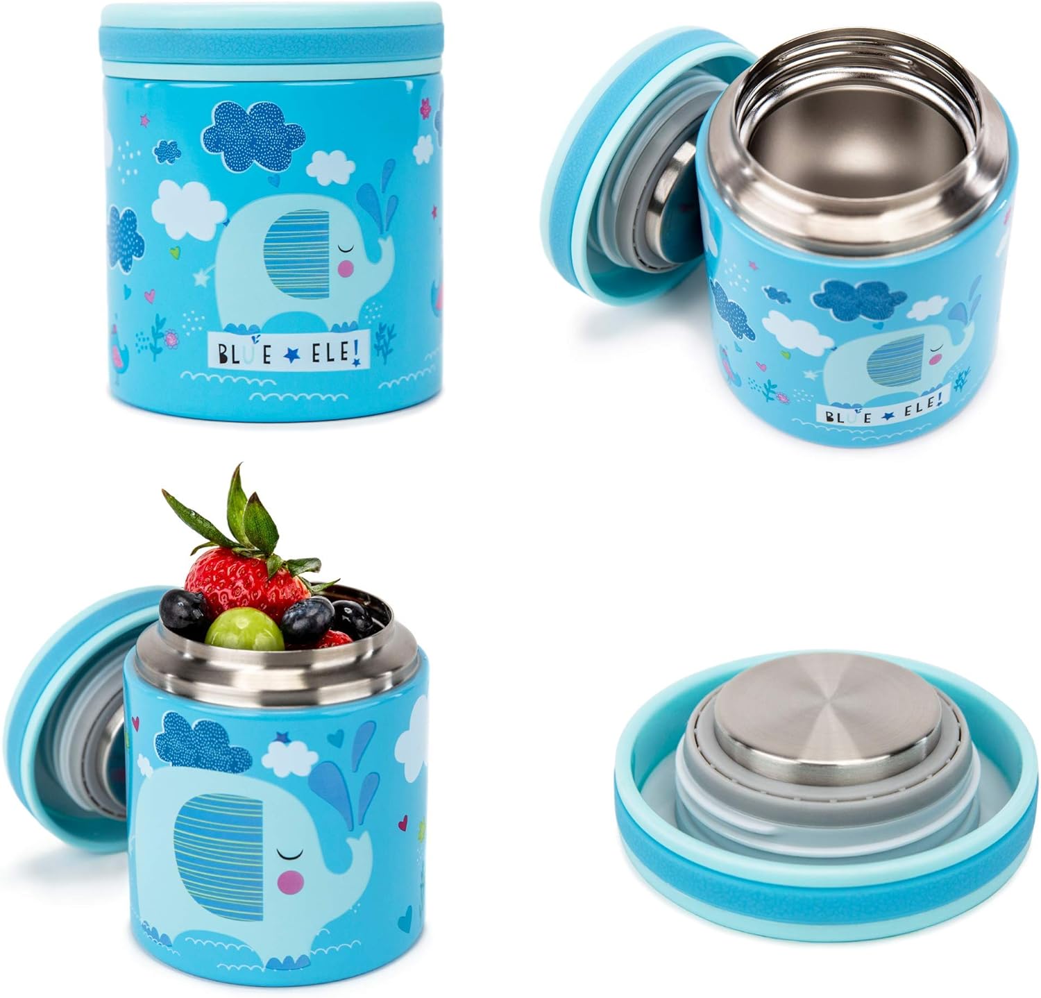 BLUE ELE Vacuum Insulated Jar & Thermos, BPA-Free Lunch Containers, Double-Wall 304 Food Grade Stainless Steel, 14 oz Keep Hot 12hr & Cold 24hr, Blue with Pattern - Image 2