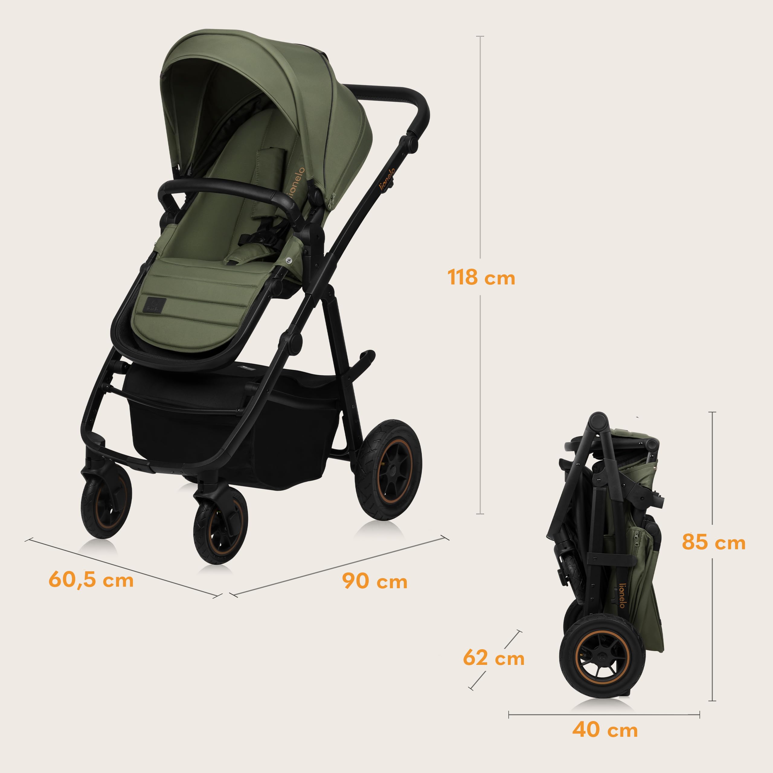 LIONELO AMBER PLUS 3 en 1 Carrito de bebe Multifuncional de 0 a 4 años hasta 22 kg con Capazo XL, Silla de coche hasta 13 kg, Respaldo Ajustable, Ruedas Grandes Todoterreno 360o Capota XXL
