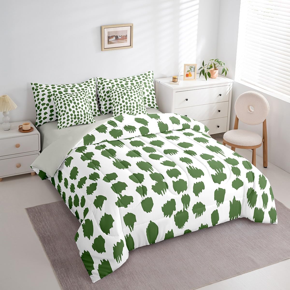 Erosebridal Green Polka Dots Bed in A Bag with Sheets Abstract Geometric Spots Twin Comforter Set 7 Piece Rustic Farmhouse Bedding Sets for Kids Teens Adults Brush Stroke Bed Set Room Decor