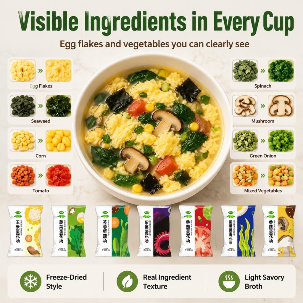 Mezcla De Sopa Instantánea 7 Sabores, 35 Paquetes Huevo Verduras Liofilizadas, Preparación Rápida 30 Segundos For Desayuno, Merienda Y Viajes