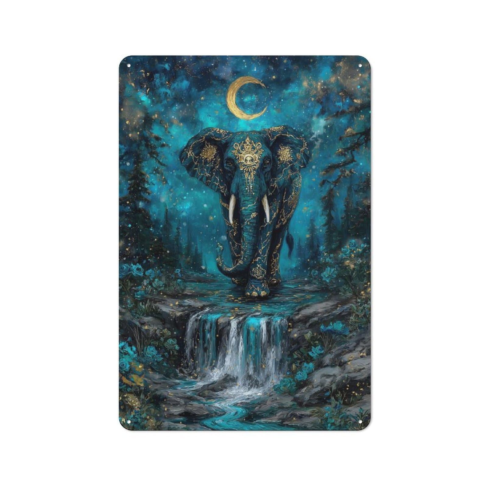 Junmoney Elephant In Teal Forest With Moon Tin Sign 30X20cm For Living Room Wall, Retro Wall Decor, A Decorative Metal Sign For Living Rooms And Feature Walls