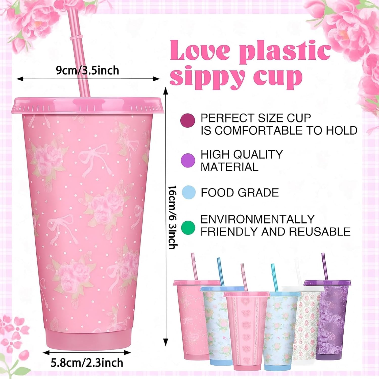 Zhehao 12 Pack Bow Floral Cups Plastic Coquette Bow Straw Tumblers Cold Cups with Lids and Straws Bulk for Iced Coffee 24 oz Reusable Travel Mug Cup Gifts for Girl Women Mom Adults - Image 2