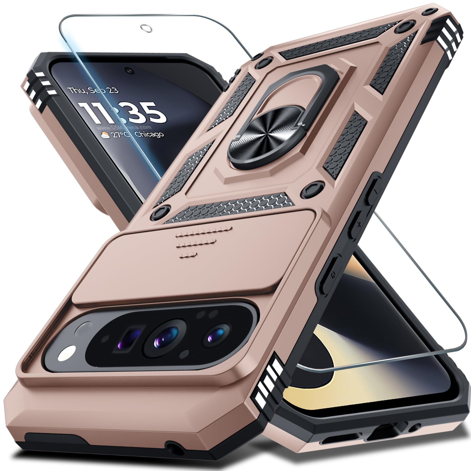 Janmitta Case Compatible with Google Pixel 9 Pro XL Built in Slide Camera Lens Cover+Screen Protector+Finger Ring Holder Kickstand,Heavy Duty