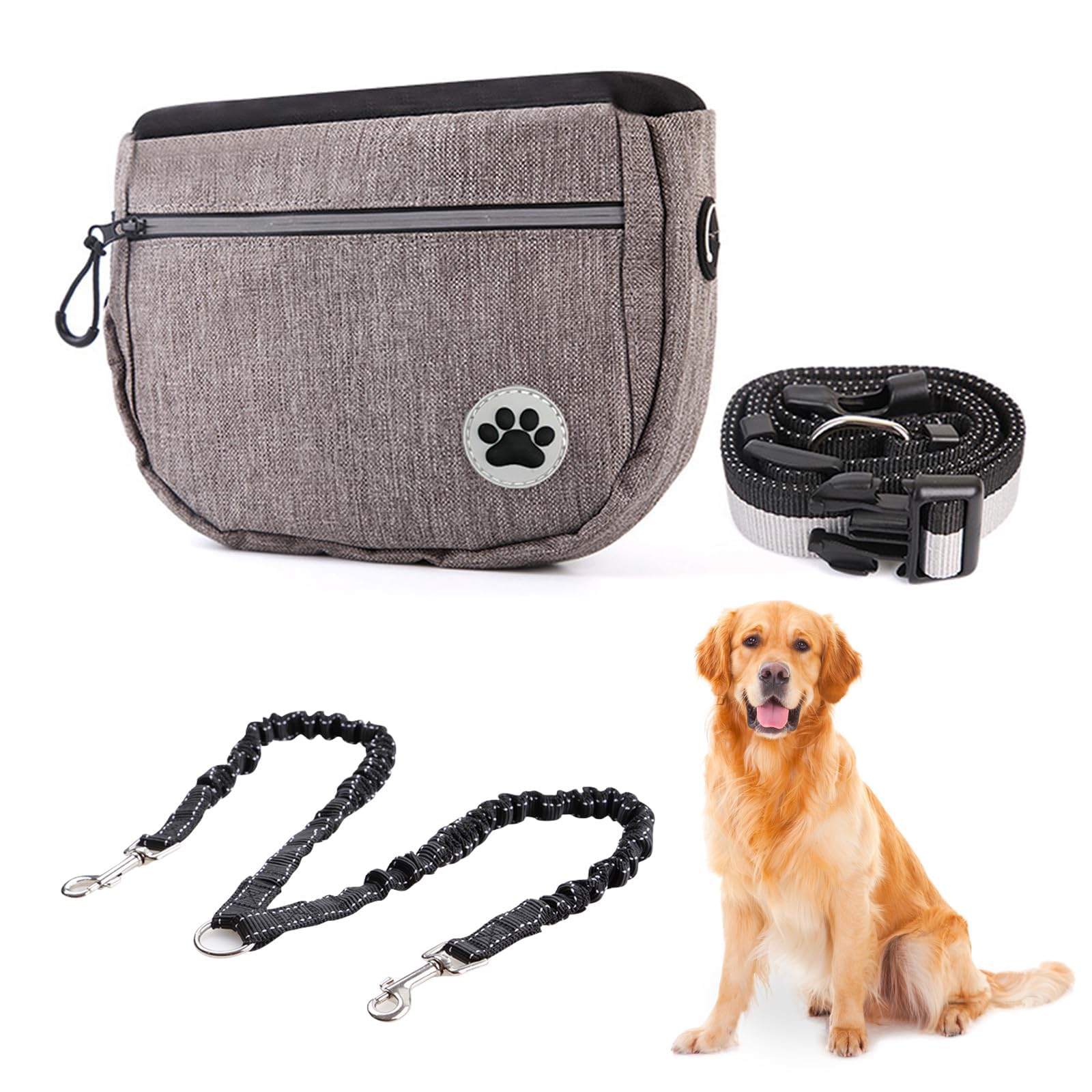Excefore Dog Treat Pouch Bag with Retractable Dog Leash, Pet Training Waist Bag, Hand-Free Dog Walking Bag With Waist Belt, Dog Treat Bag for Medium and Large Dogs Training Walking Travel (Gray)