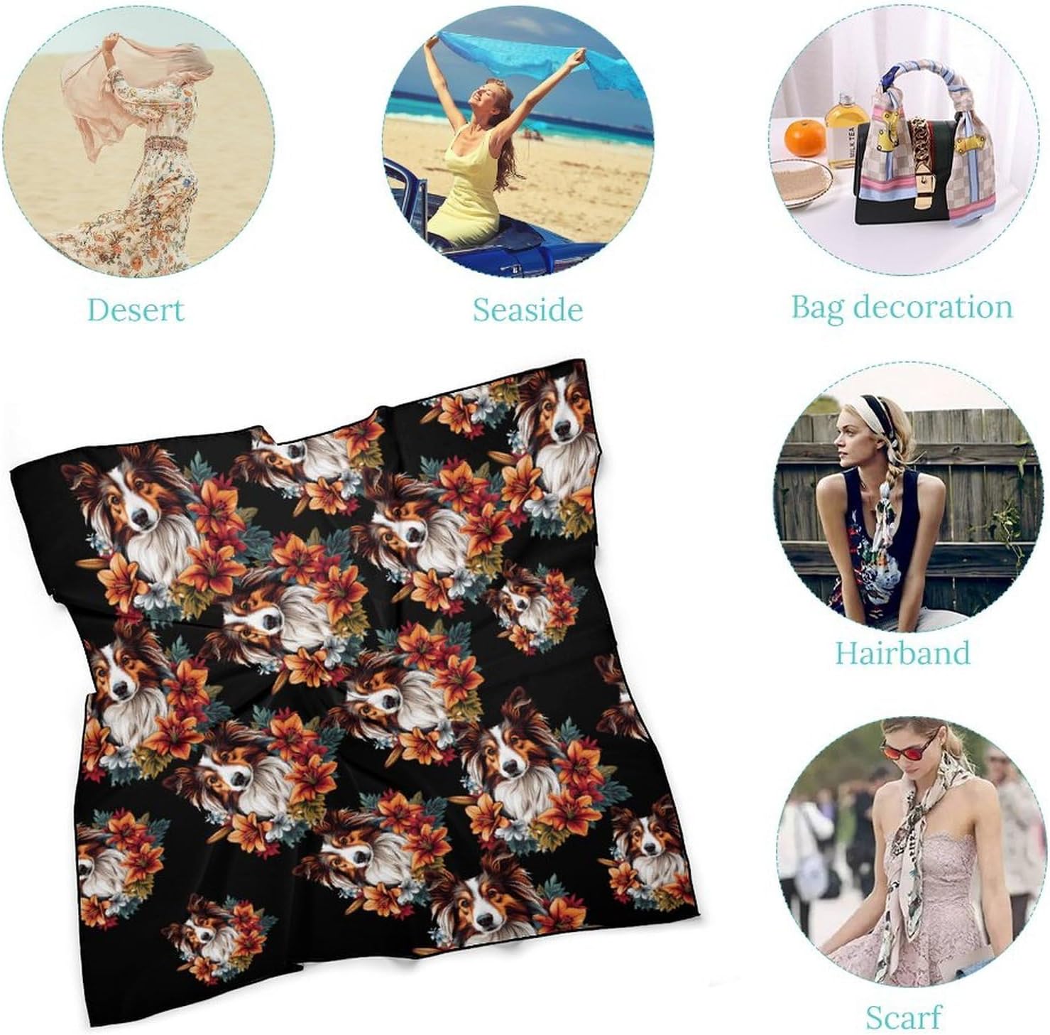 Floral Sheepdog Dog Flower Bandana Fashion Head Scarf Square Silk Scarf Print Neck Hair Scarfs for Women Men Gifts