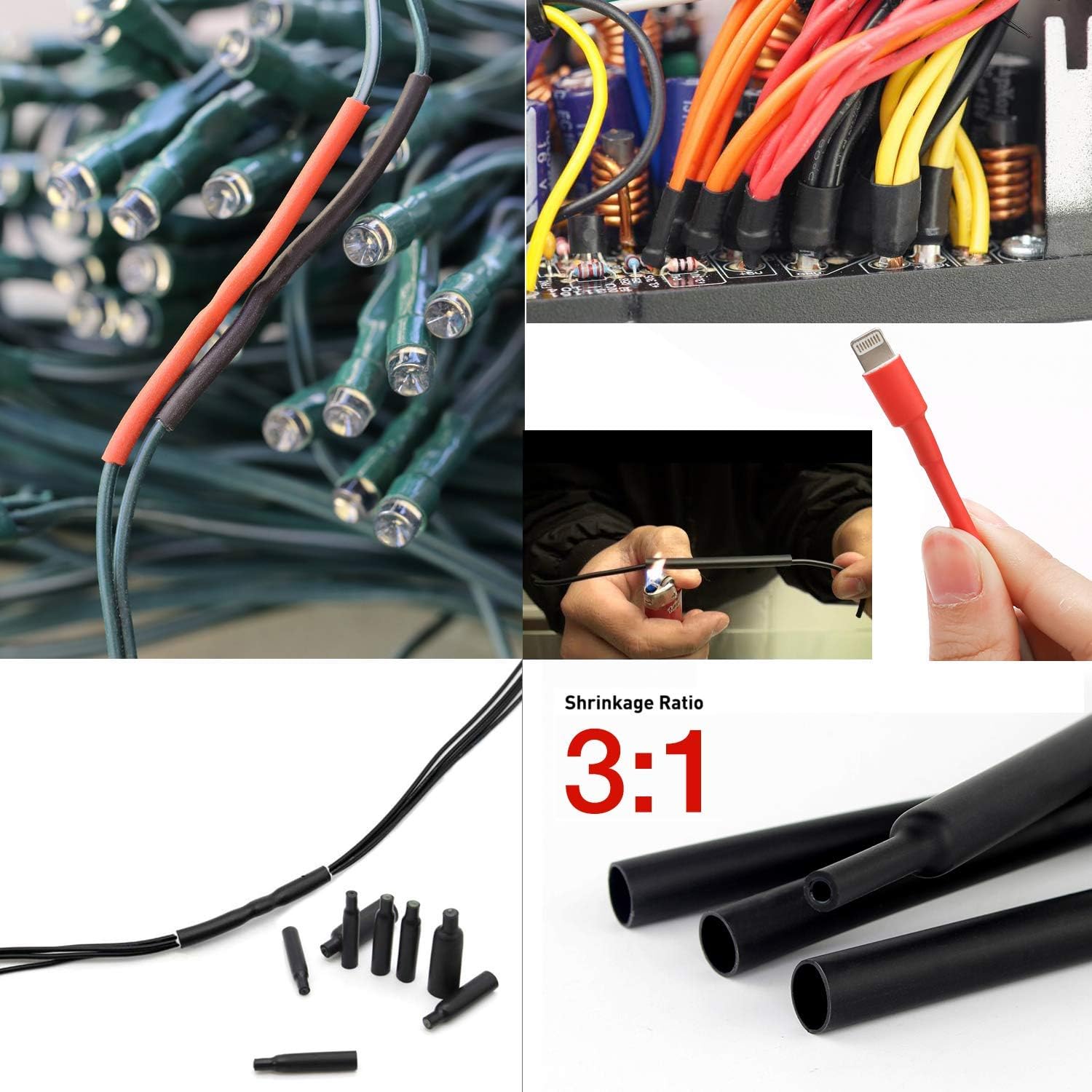 Various application examples of heat shrink tubing, including on LED lights, computer power supply wires, and a phone charging cable.