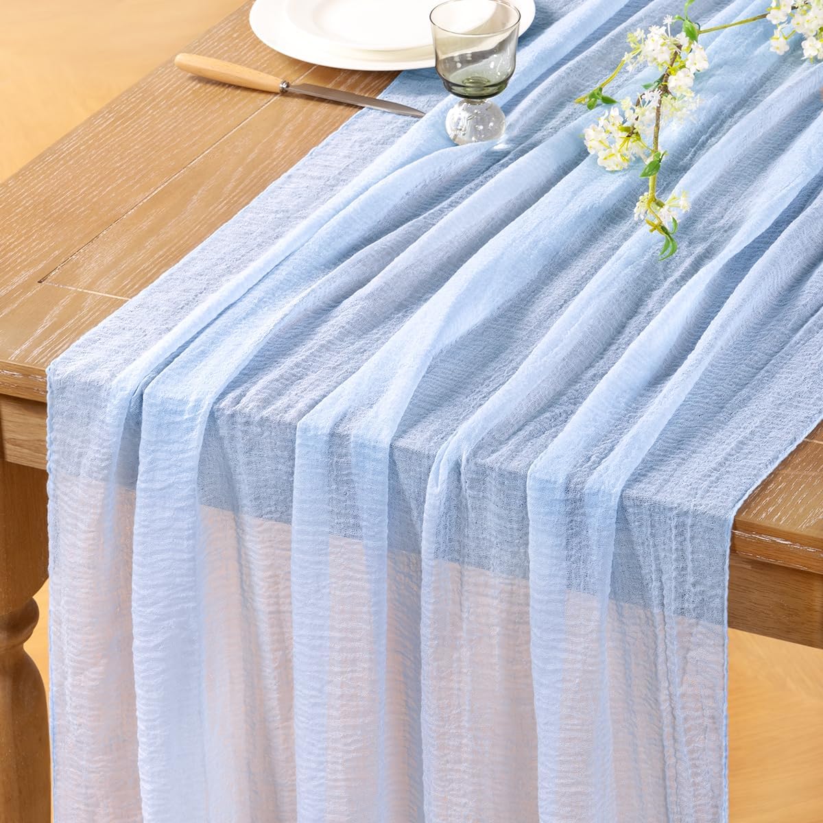 Light Blue Cheesecloth Table Runner 4 Pack Boho Gauze Summer Blue Table Runners 120 inches Sheer Cheese Cloths for Rustic Wedding Bridal Baby Boy Shower Party Table Centerpiece Baby Blue 4
