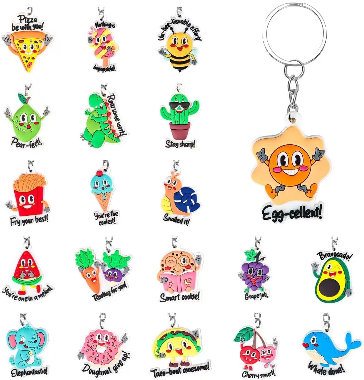 Ella & Emma 20PCS Cute Keychain Party Favors for Kids – Motivational Pun Charms, Classroom Prizes, Birthday Goodie Bag Fillers, School Rewards, Teacher Treasure Box Toys, Backpack Keyrings Bulk - Image 2