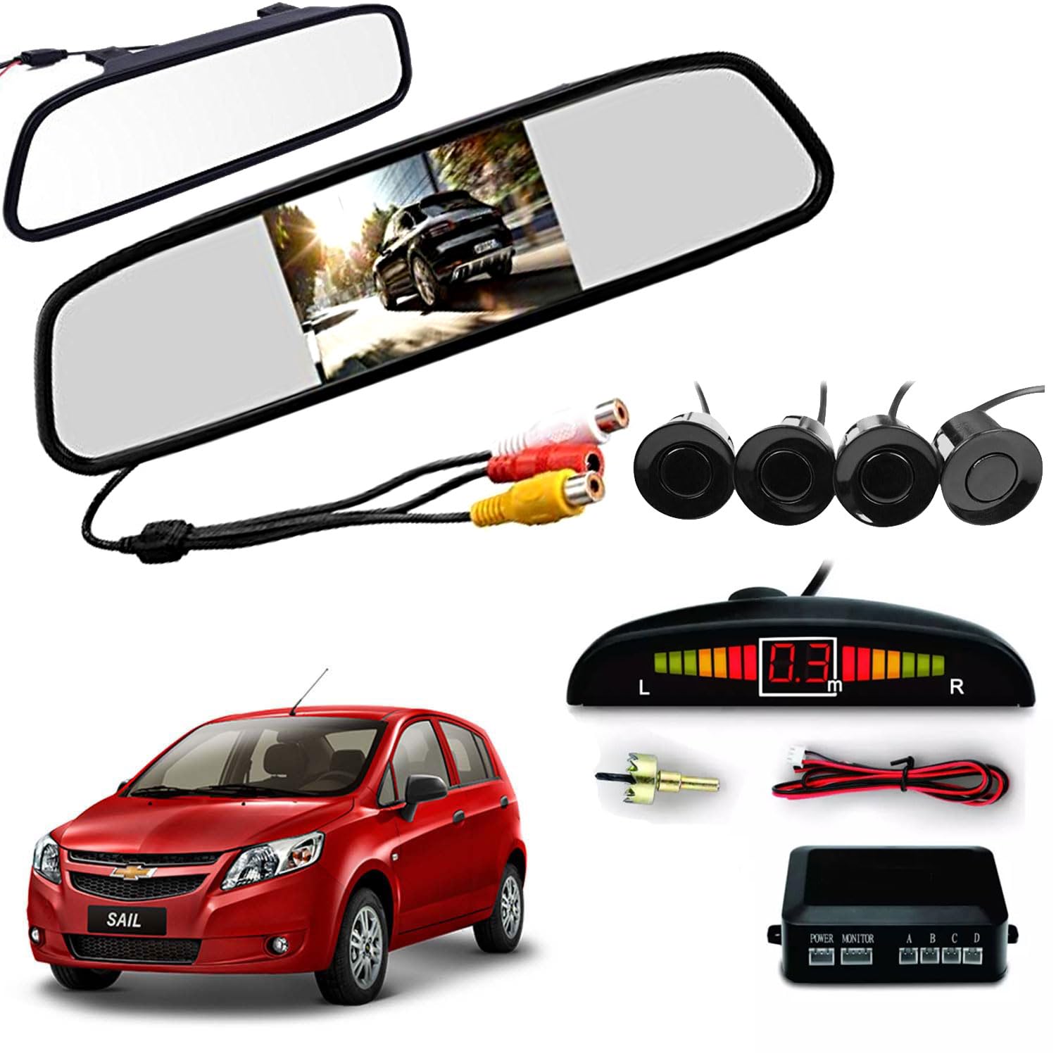 Auto Pearl 4.3 Inch TFT LCD Rearview Mirror Parking Video System with 16.5 MM for Reverse HD Camera, 4 Black Parking Sensors Compatible with Sail Hatchback-image-10