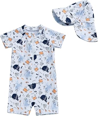 Ayalinggo Toddler Boys Rash Guard Swimsuit Sea World Animal Print Zipper Short Sleeve Bathing Suit with Swim Cap for Kids