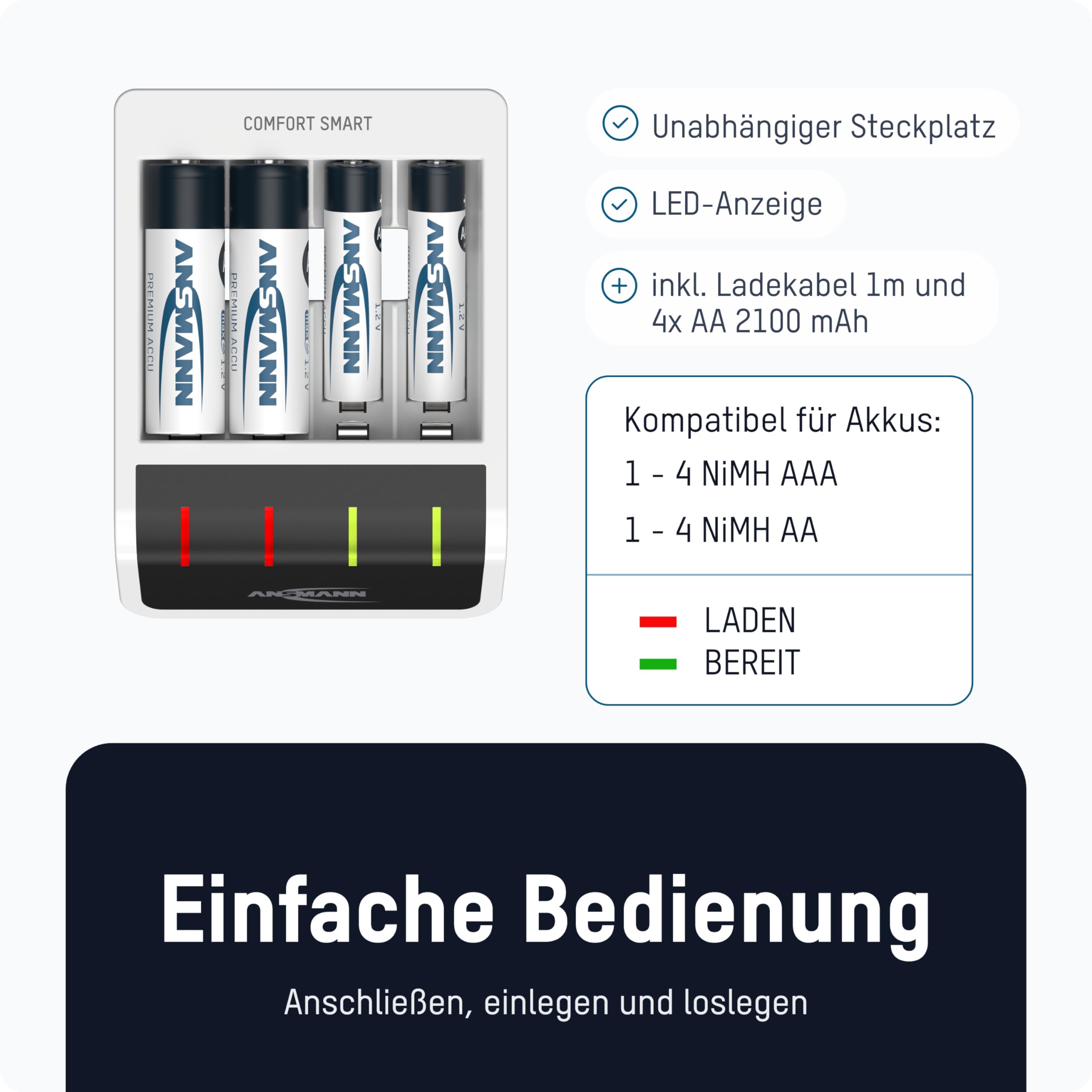 Ansmann Akku Ladegerät inkl. 4X AA 2100mAh Batterien – Bild 3