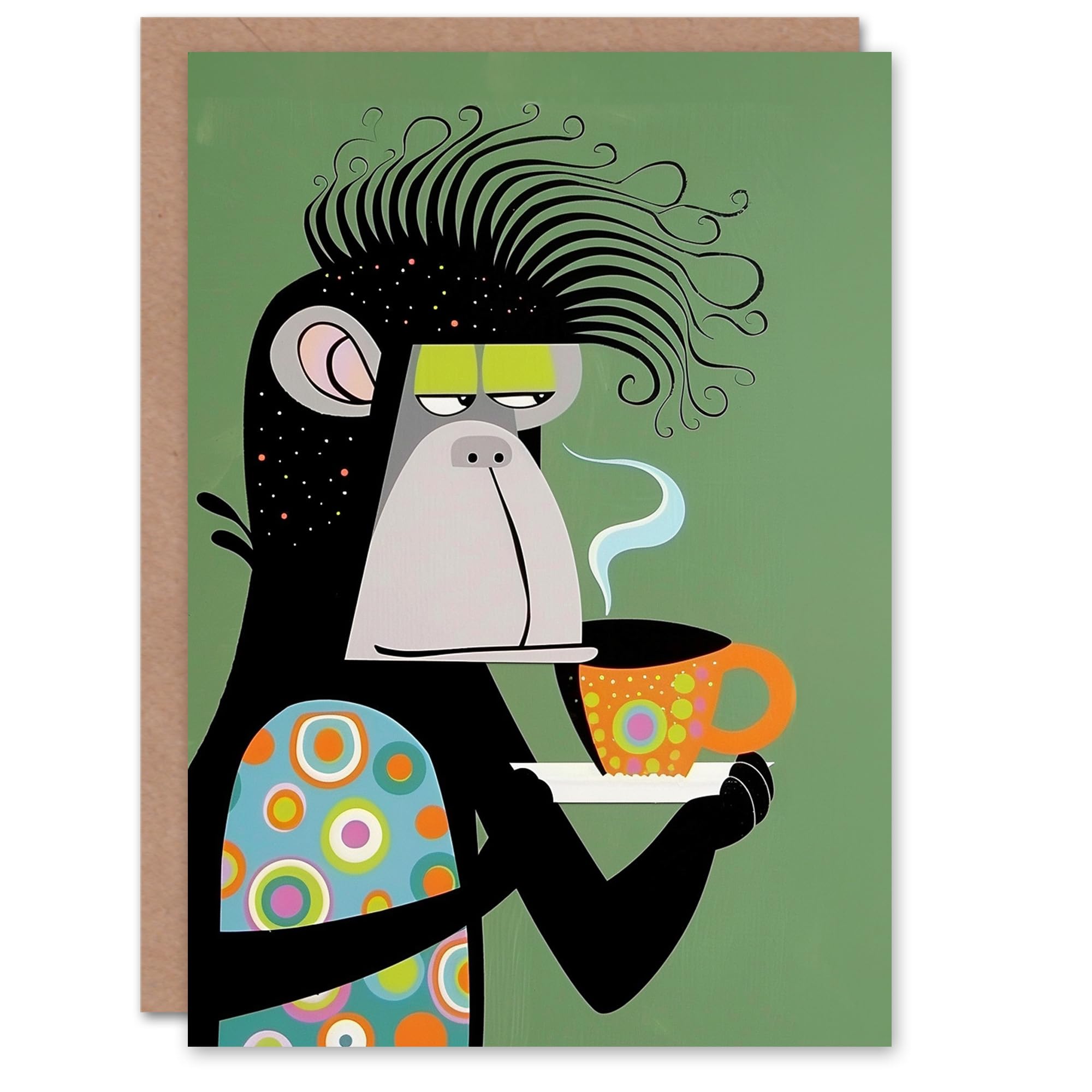 Artery8 Birthday Card Abstract Chimp Monkey Tea Coffee Fun Blank Arty Art All Occasion Greeting Card