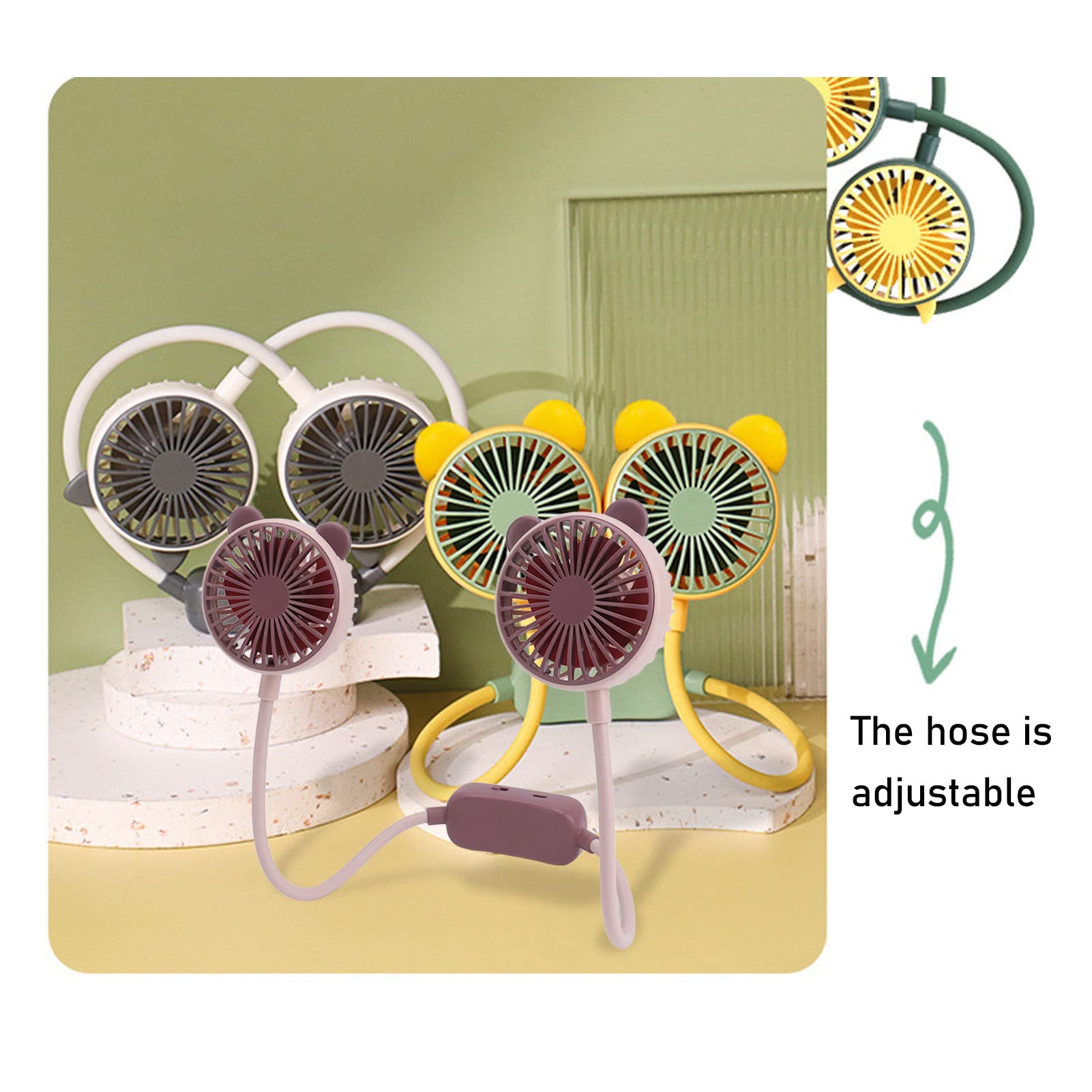 POENVFPO Ventilatore Portatile da Collo, Ventola Sospesa Indossabile Rotante a Doppia Testa a 360° con Tubo Flessibile Pieghevole e 2 velocità per Ufficio, Viaggi, attività All'aperto (WHITE)
