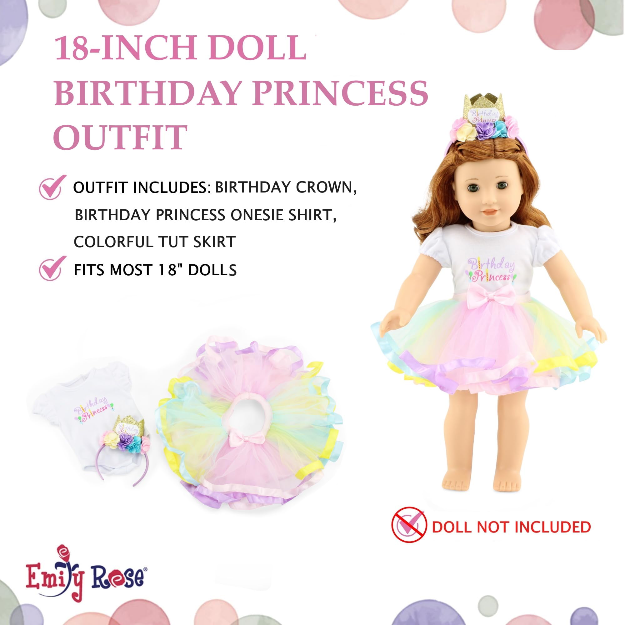 Ropa de muñeca de 18 pulgadas, 3 piezas de cumpleaños, princesa, 18 pulgadas, juego de regalo de ropa y accesorios, incluye diadema tiara, costuras reforzadas | USA American Business 3
