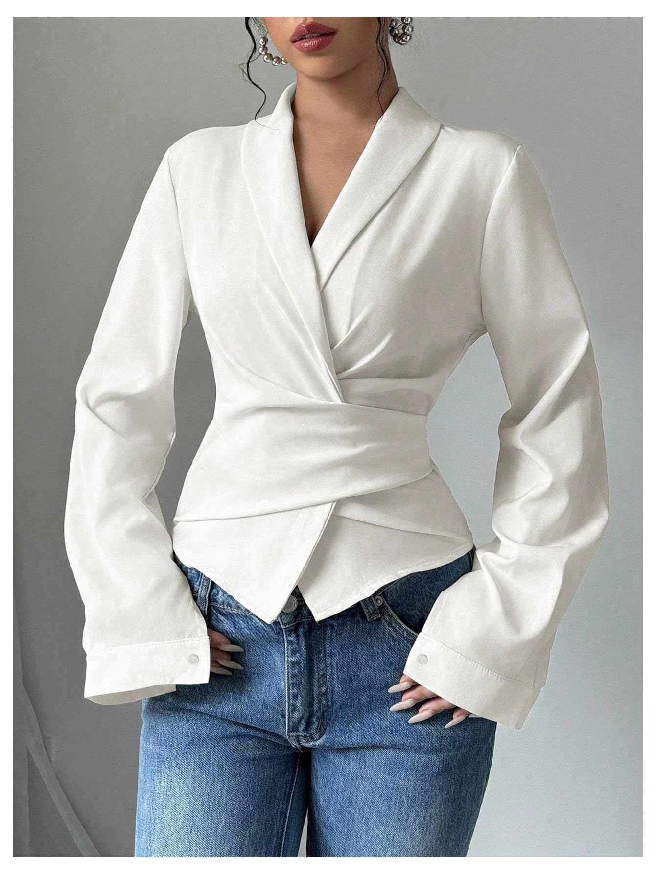 Floerns Women's Elegant Shawl Collar Shirts Long Sleeve Wrap Tie Back Work Blouse Tops