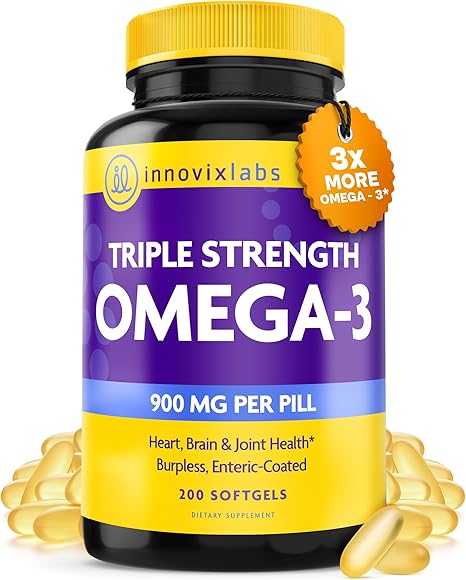 InnovixLabs Triple Strength Omega 3 Supplement, Burpless Fish Oil for Women and Men - 900 mg EPA & DHA, Brain & Joint Support, Award Winning & Third-Party Tested, 200 Softgels