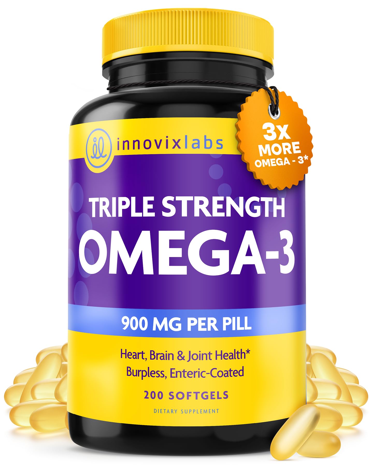 InnovixLabs Triple Strength Omega 3 Supplement, Burpless Fish Oil for Women and Men - 900 mg EPA & DHA, Brain & Joint Support, Award Winning & Third-Party Tested, 200 Softgels