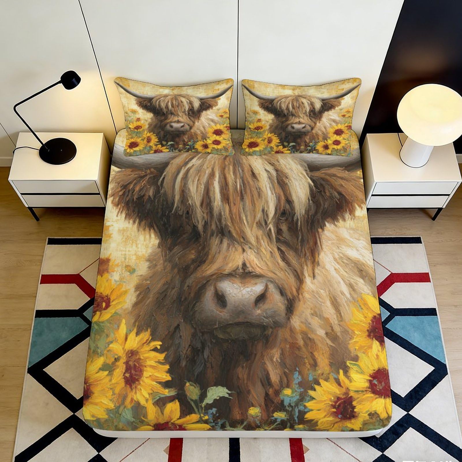 3D Printed Highland Cow Sunflower Fitted Sheet Microfiber Soft Breathable Bed Sheet for Bedroom Dorm Mattress Cover Decor 90x200x25cm