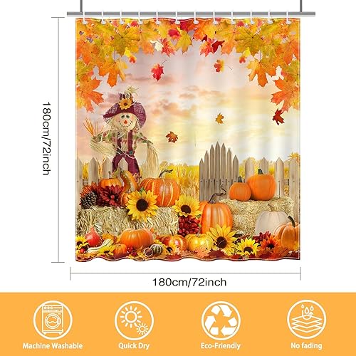 Miniatura 5 de Mocsicka Cortina de ducha de otoño, espantapájaros, calabaza, hojas lisas, girasol, linda cortina de ducha de otoño, cortina de baño de Acción de