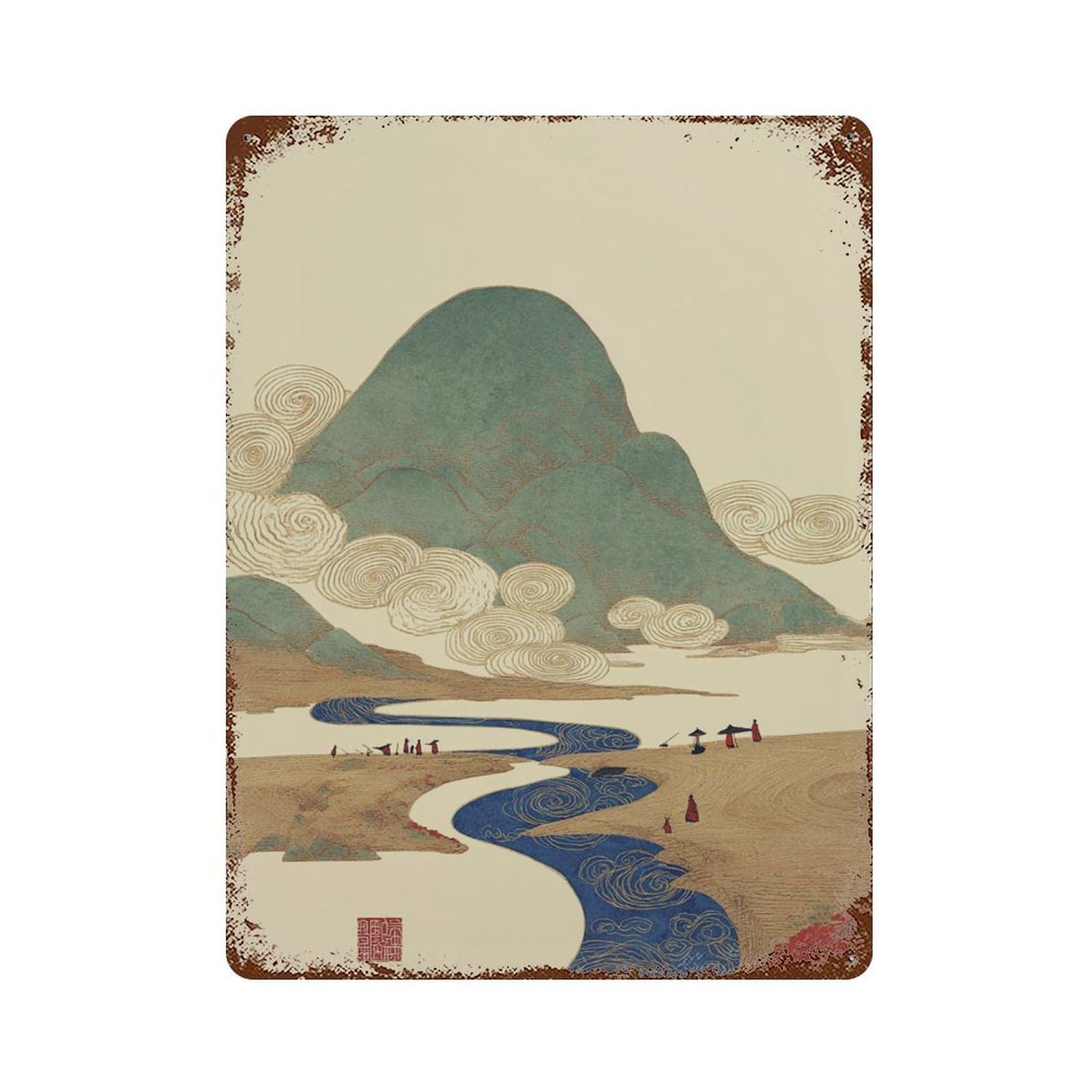 xiaoxiaoshen Japanese Mountain Landscape Winding River Zen Nature Scenery Ukiyo Wall Decor Art Metal Tin Poster Modern Home Decor Art Home Bar Shop Decorations Vintage Sign 40x30cm