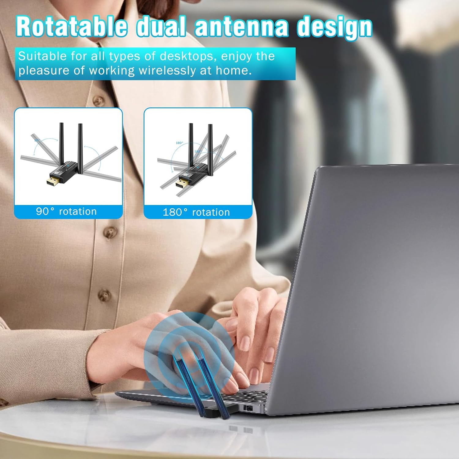 RUIZHI Bluetooth 5.4 USB Dongle with rotatable dual antenna design, showing 90 and 180 degree rotation
